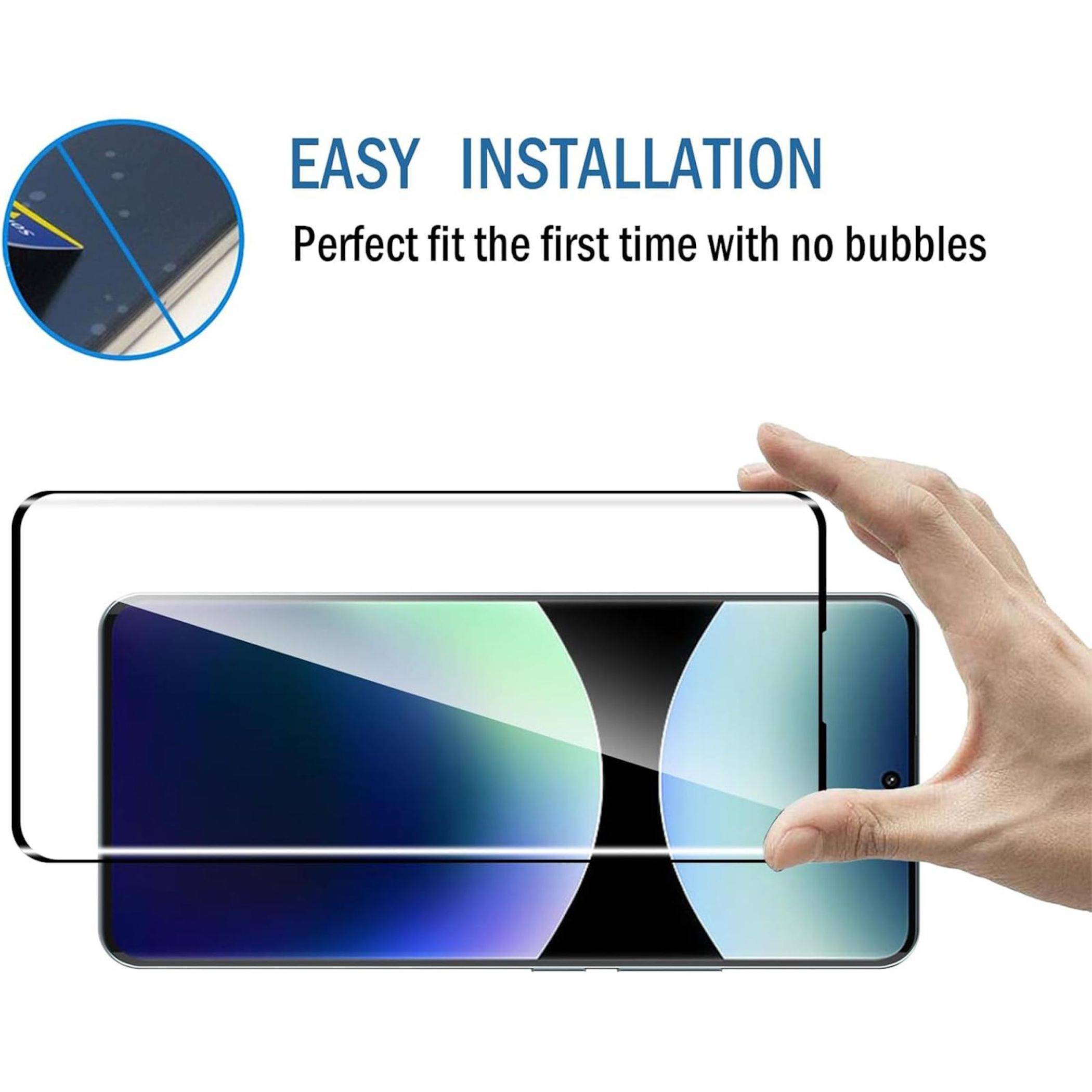 Werbegrafik, die die einfache Installation eines Displayschutzes auf einem Smartphone zeigt, mit dem Text „EINFACHE INSTALLATION