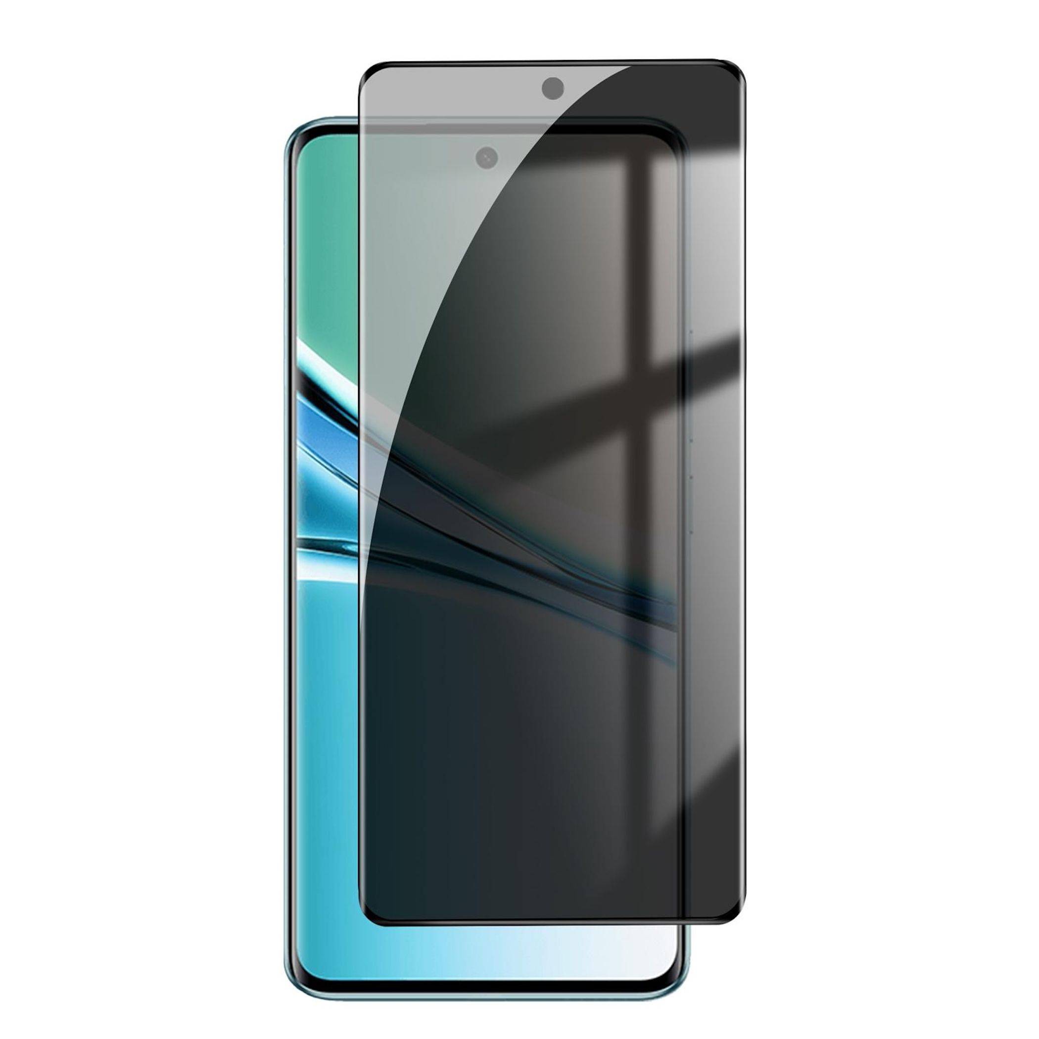 Zwei sich überlappende Smartphones, eines mit dem angezeigten Frontbildschirm und eines mit einer dunklen Schutzglasfolie, die darüber ausgerichtet ist.