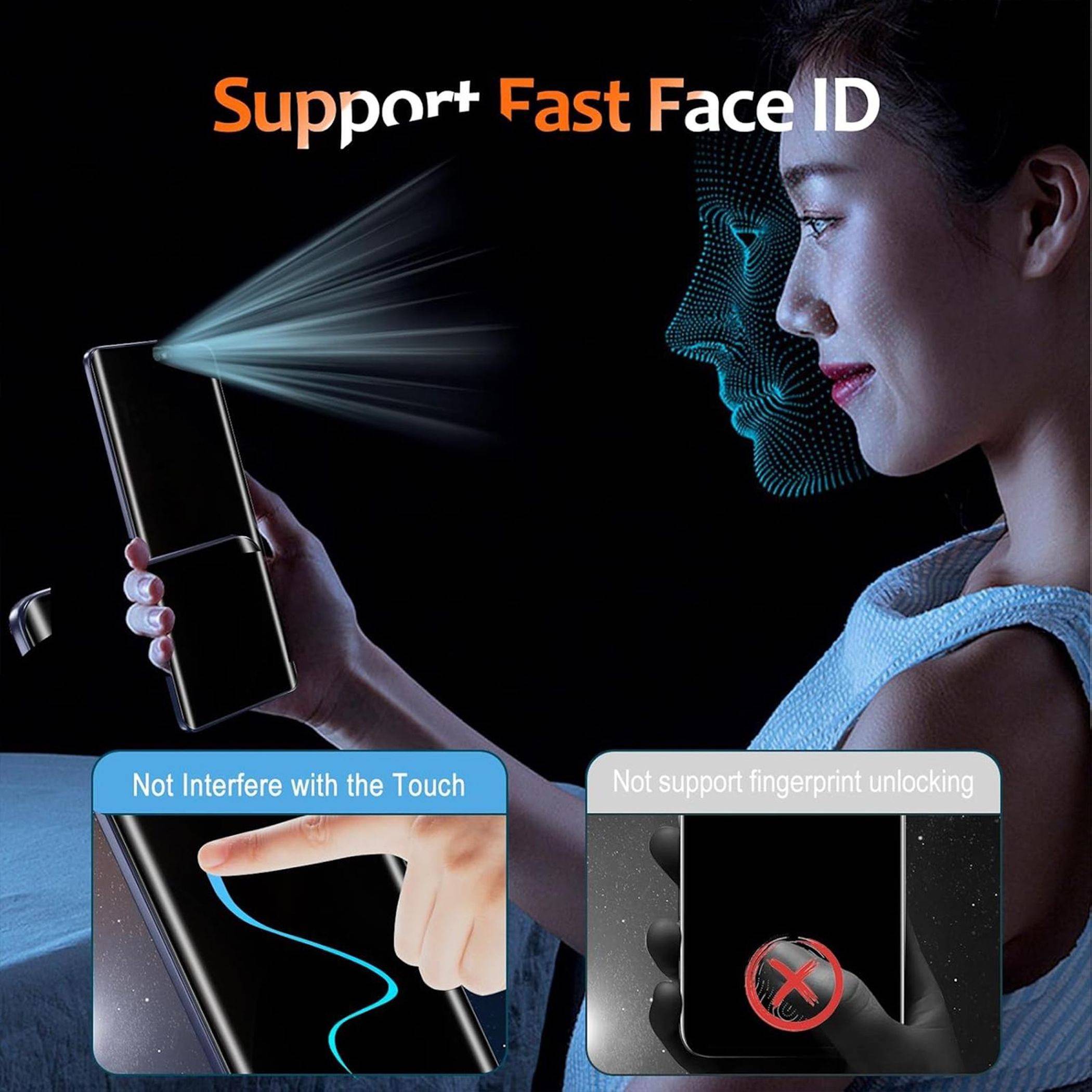 Werbebild einer Frau, die ein Smartphone mit schneller Face ID nutzt; der Text sagt „Unterstützt schnelle Face ID