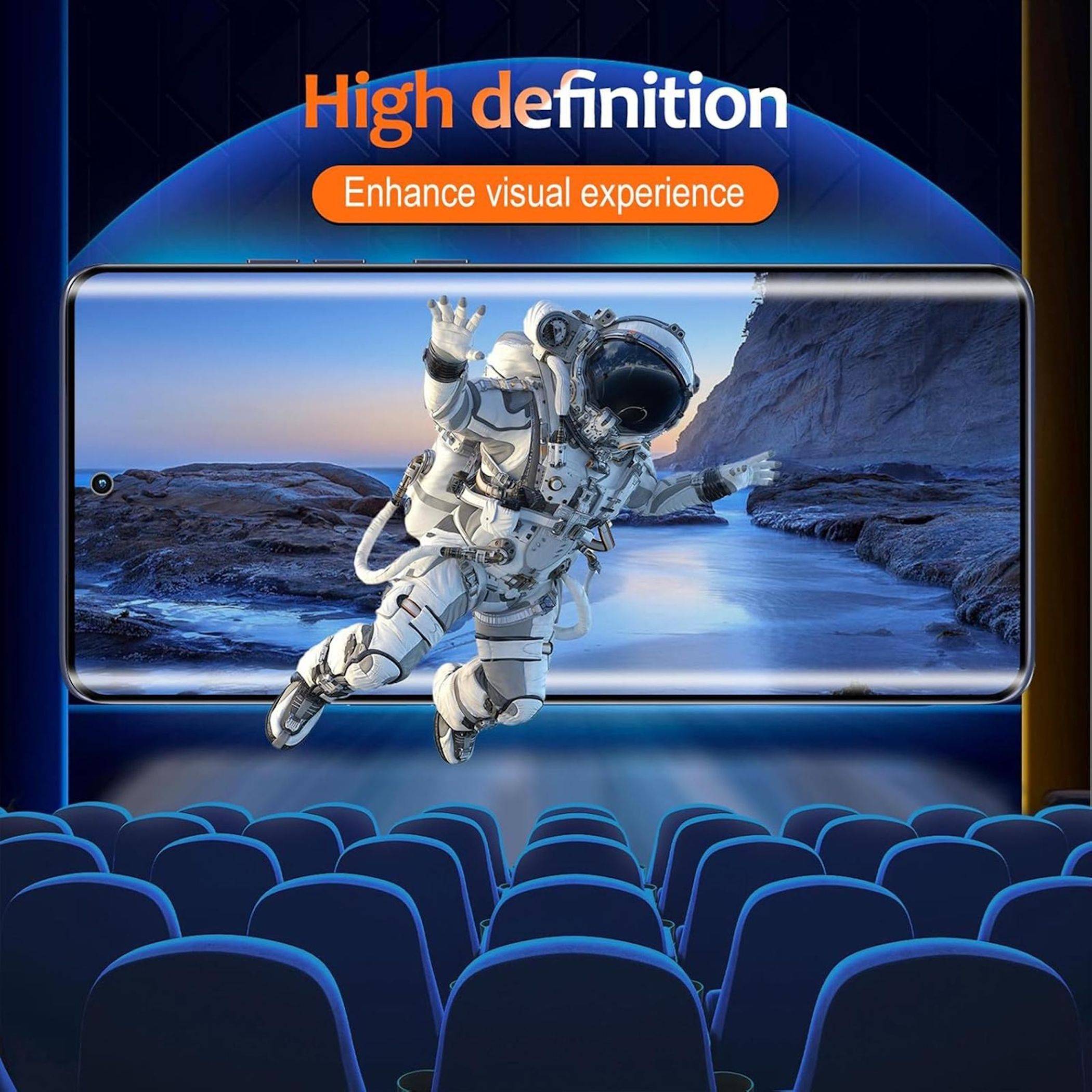 Werbebild einer Theaterleinwand, das einen Astronauten im Weltall zeigt, mit dem Text „Hochauflösung