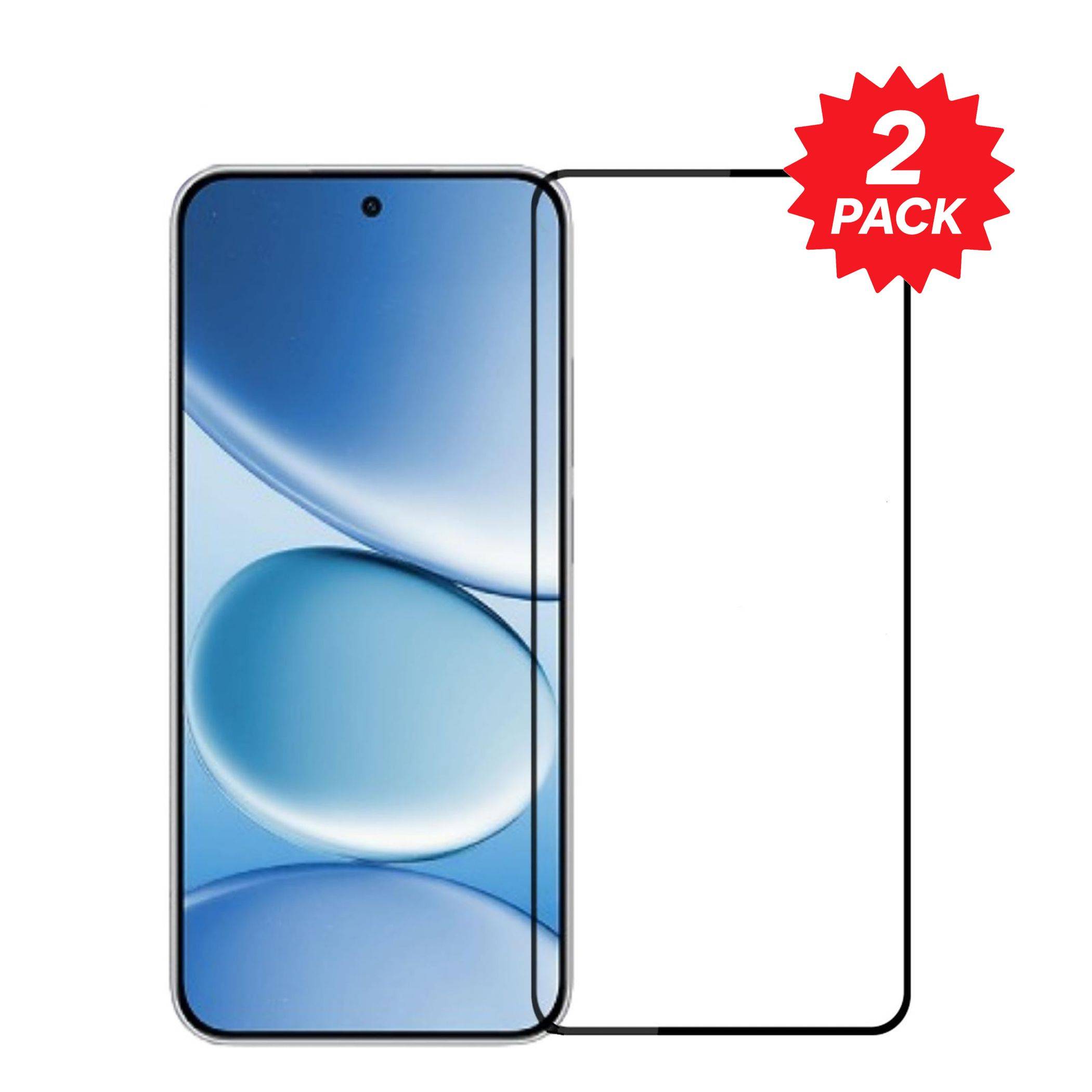 Zwei Smartphone-Displayschutzfolien, eine auf einem Telefon installiert gezeigt und eine als durchsichtige Folie, gekennzeichnet mit „2ER PACK