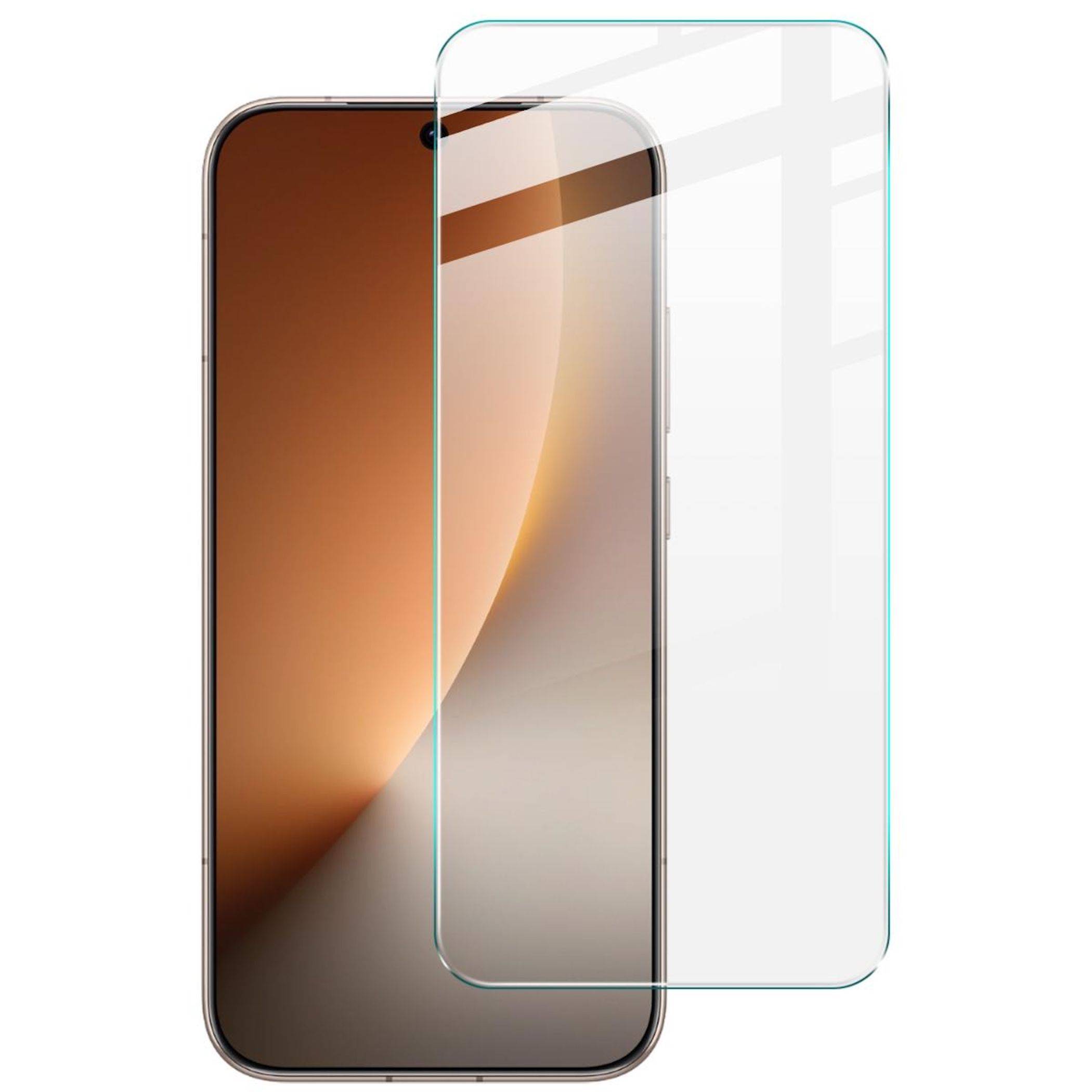 Smartphone in Vorderansicht mit einer klaren Hartglas-Displayschutzfolie, die über das Display ausgerichtet ist.