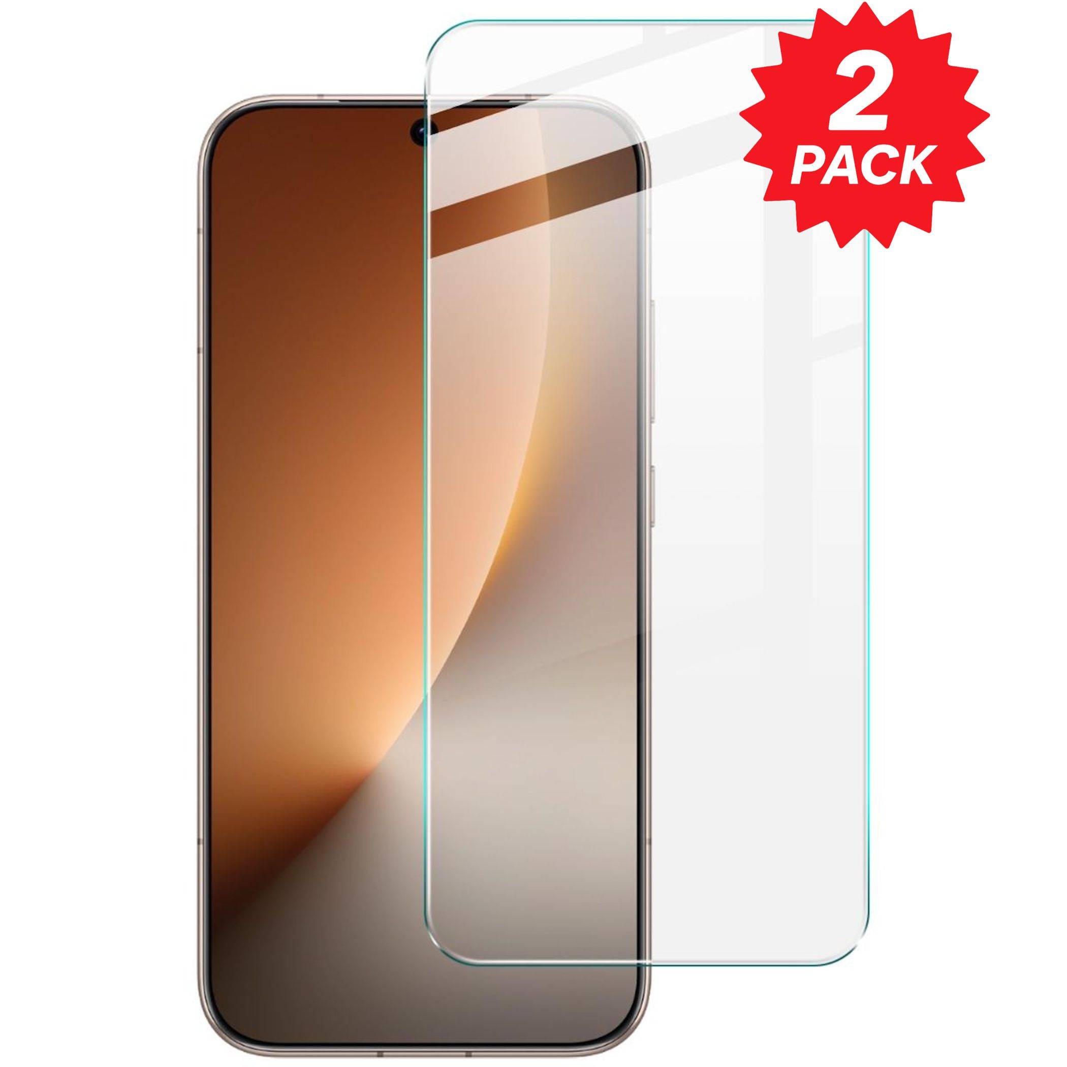 Smartphone mit zwei transparenten Displayschutzfolien, mit der Aufschrift „2er-Pack