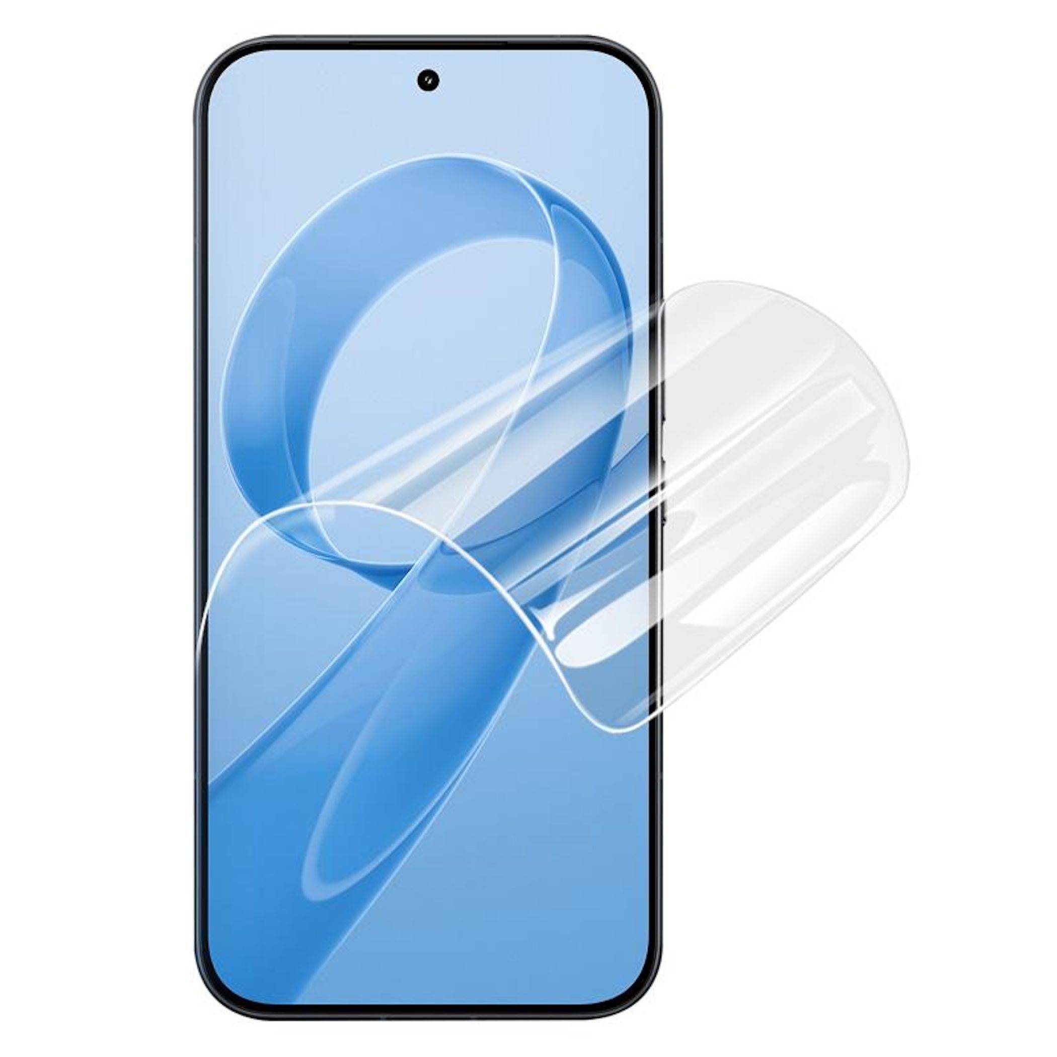 Smartphone von vorne gezeigt mit einer durchsichtigen Schutzfolienabdeckung, die teilweise abgezogen ist und die Bildschirmschutzfunktion oder Installation veranschaulicht.