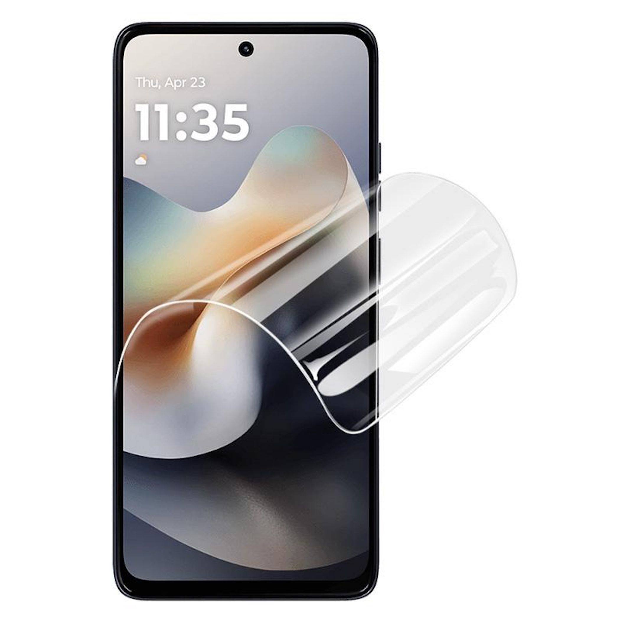 Smartphone-Display mit einer transparenten Displayschutzfolie, die teilweise über dem Telefonbildschirm abgezogen ist.