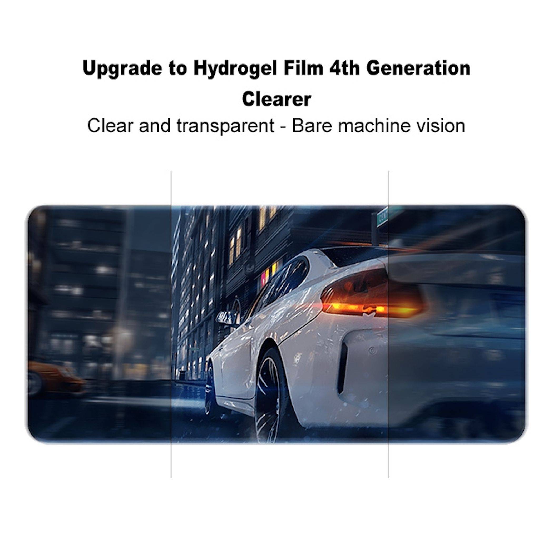 Werbegrafik eines Autos, das durch eine transparente Schutzfolie sichtbar ist, mit den Etiketten „Upgrade auf Hydrogel-Folie 4. Generation