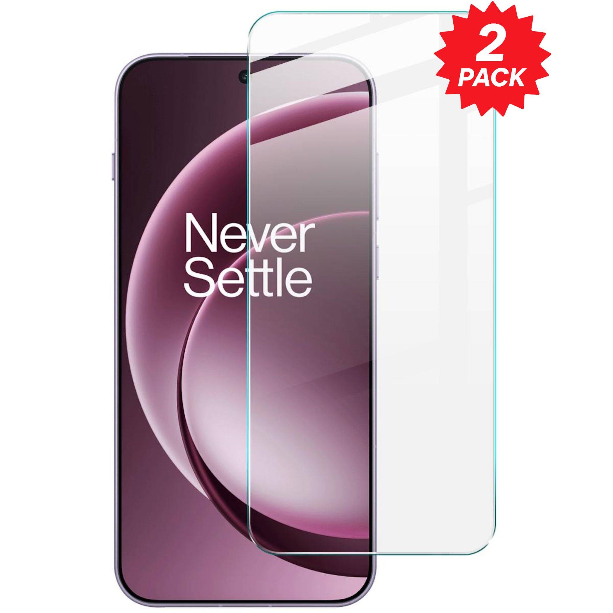OnePlus-Telefon mit zweiteiligem Set durchsichtiger Displayschutzfolien; die Telefonanzeige zeigt „Never Settle