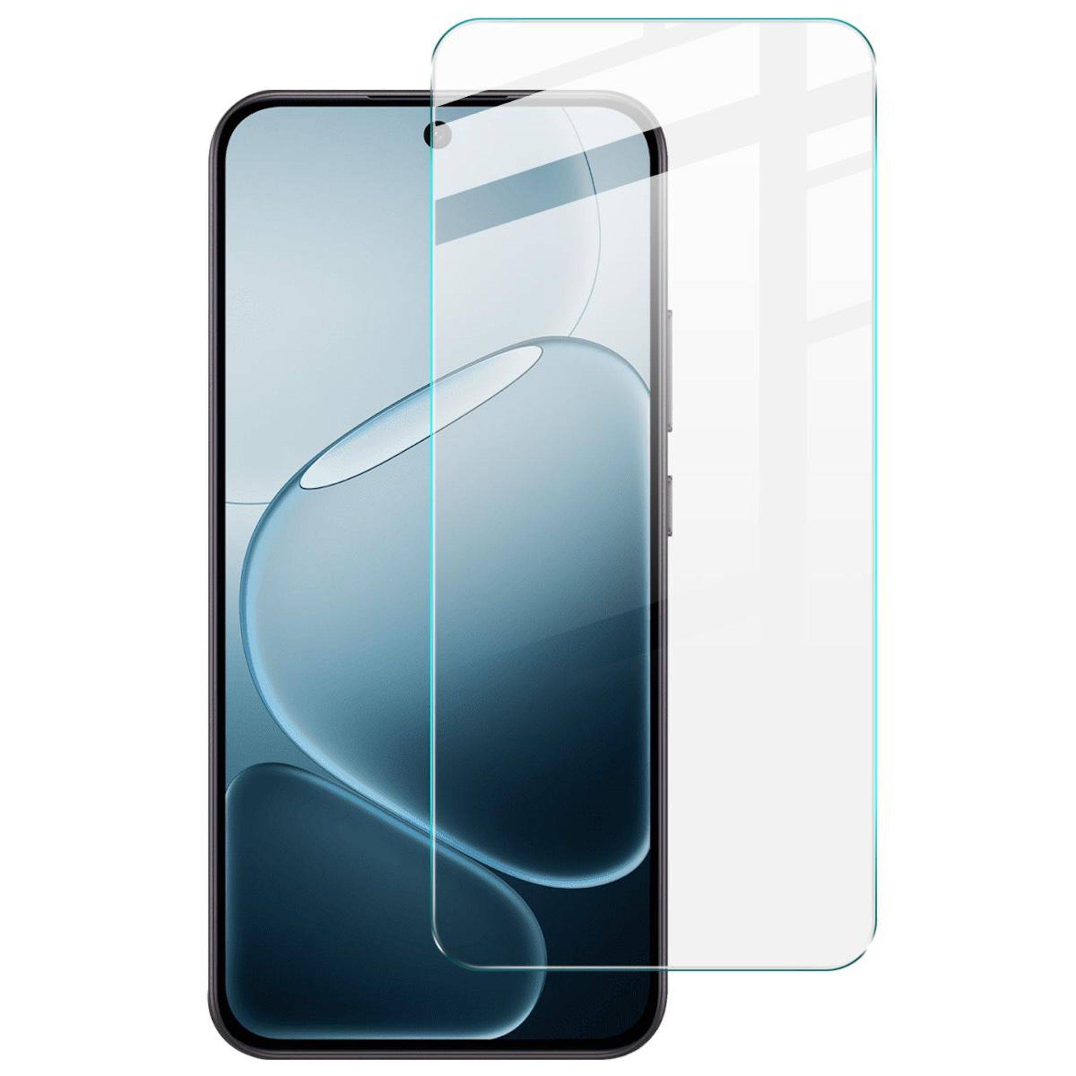 Ein Smartphone mit einer transparenten Schutzfolie für den Bildschirm, das von vorne gezeigt wird und den Schutz der Displayoberfläche bis zur Kante hervorhebt.