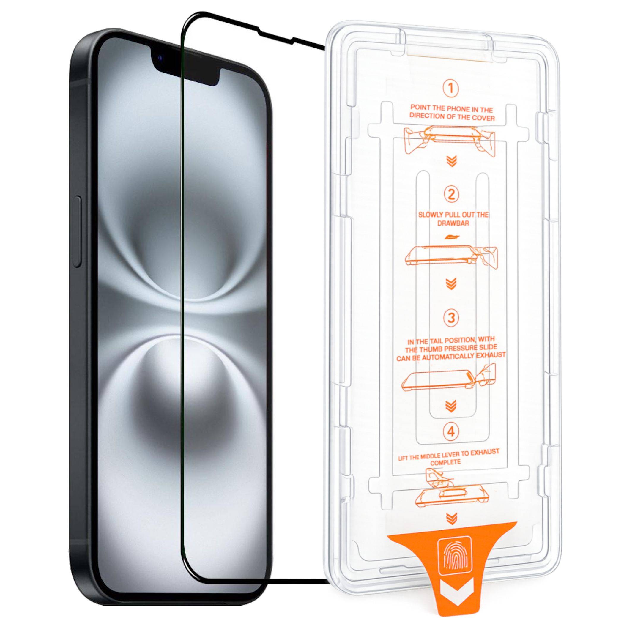 Explodierte Darstellung eines Displayschutzfolie-Installationskits für Smartphones, das ein mit einer transparenten Abdeckung ausgerichtetes Telefon sowie schrittweise Entfernungsanweisungen im Inneren zeigt.