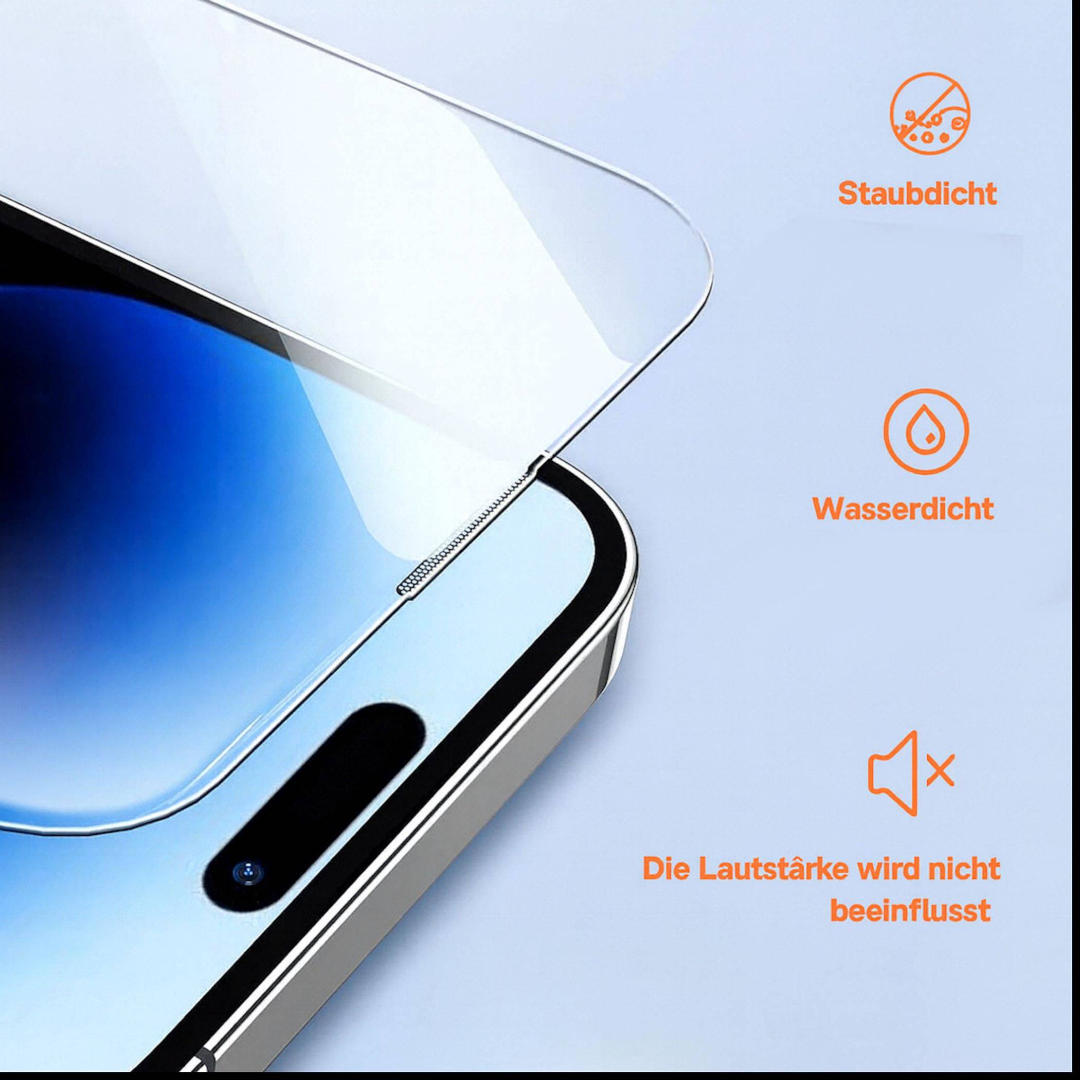 Nahaufnahme eines Displayschutzes für ein Smartphone, das angebracht wird, mit deutschen Beschriftungen, die angeben, dass er staubdicht, wasserdicht ist und die Lautstärke nicht beeinträchtigt.