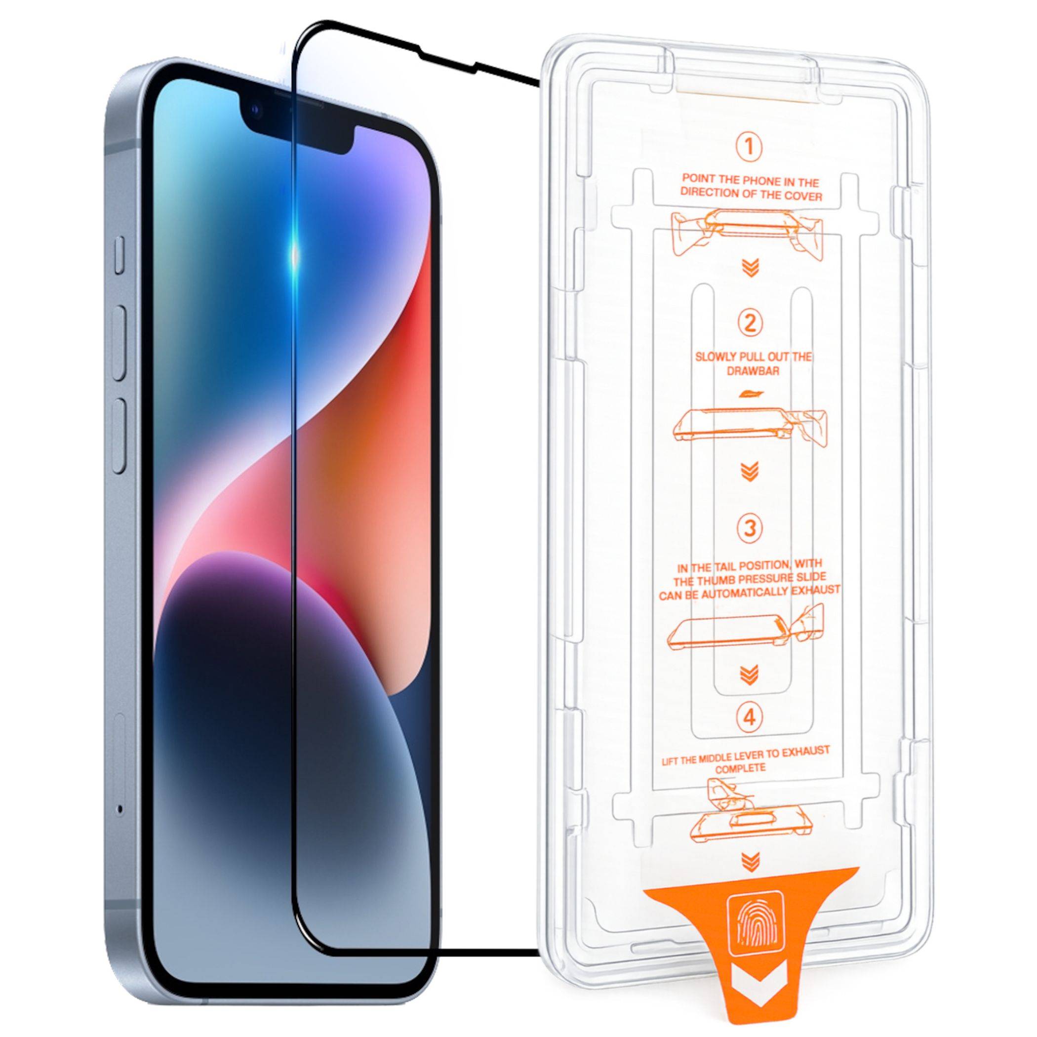 Diagramm einer Schutzfolie für einen Telefonbildschirm, das ein iPhone mit einer transparenten Schutzhülle und schrittweise Platzierungsanweisungen zeigt.