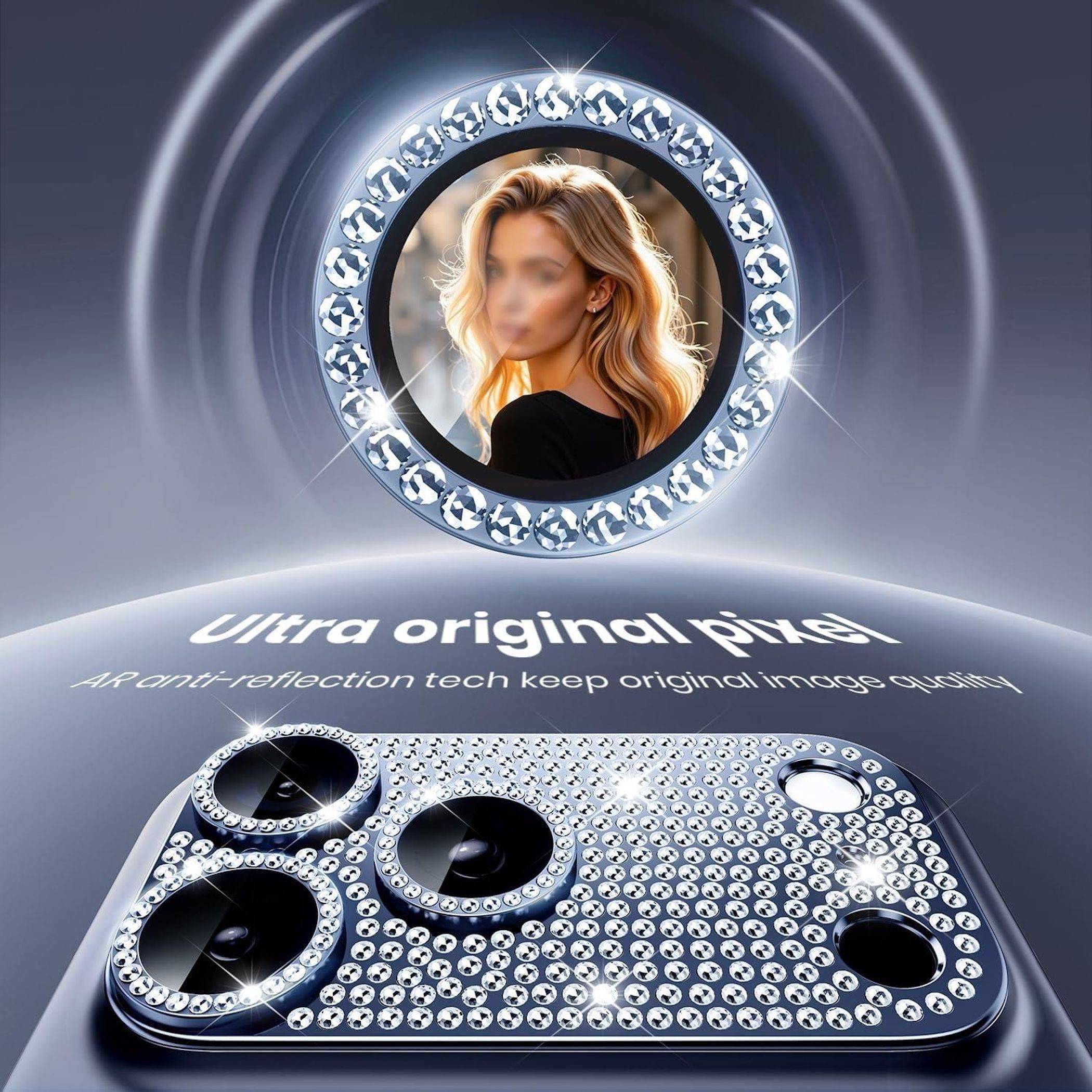 Werbegraphik eines mit Strassteinen bedeckten Smartphone-Gehäuses mit einem kreisförmigen Spiegelportrait-Rahmen darüber, beschriftet mit „Ultra original pixe