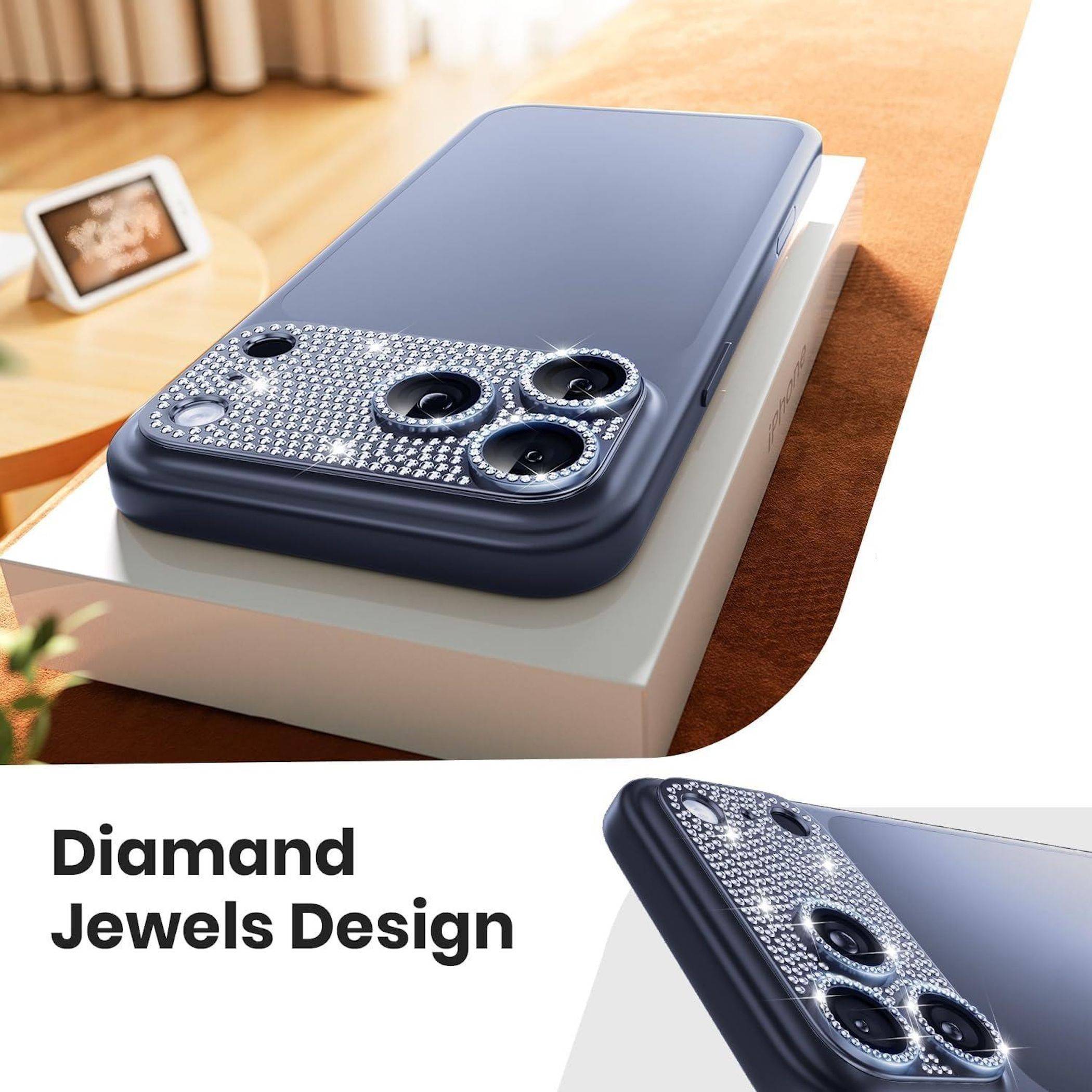 Werbegrafik einer dunkelblauem Smartphone-Hülle mit diamantbesetzten Kameraumrandungen, mit der Bezeichnung „Diamand Jewels Design
