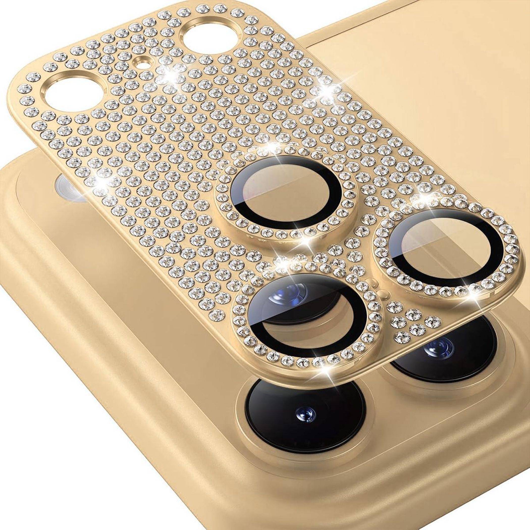 Goldenes Smartphone mit strass-besetzter Kameraabdeckung, mehrere kreisförmige Objektivausschnitte und funkelnde dekorative Details zeigend.