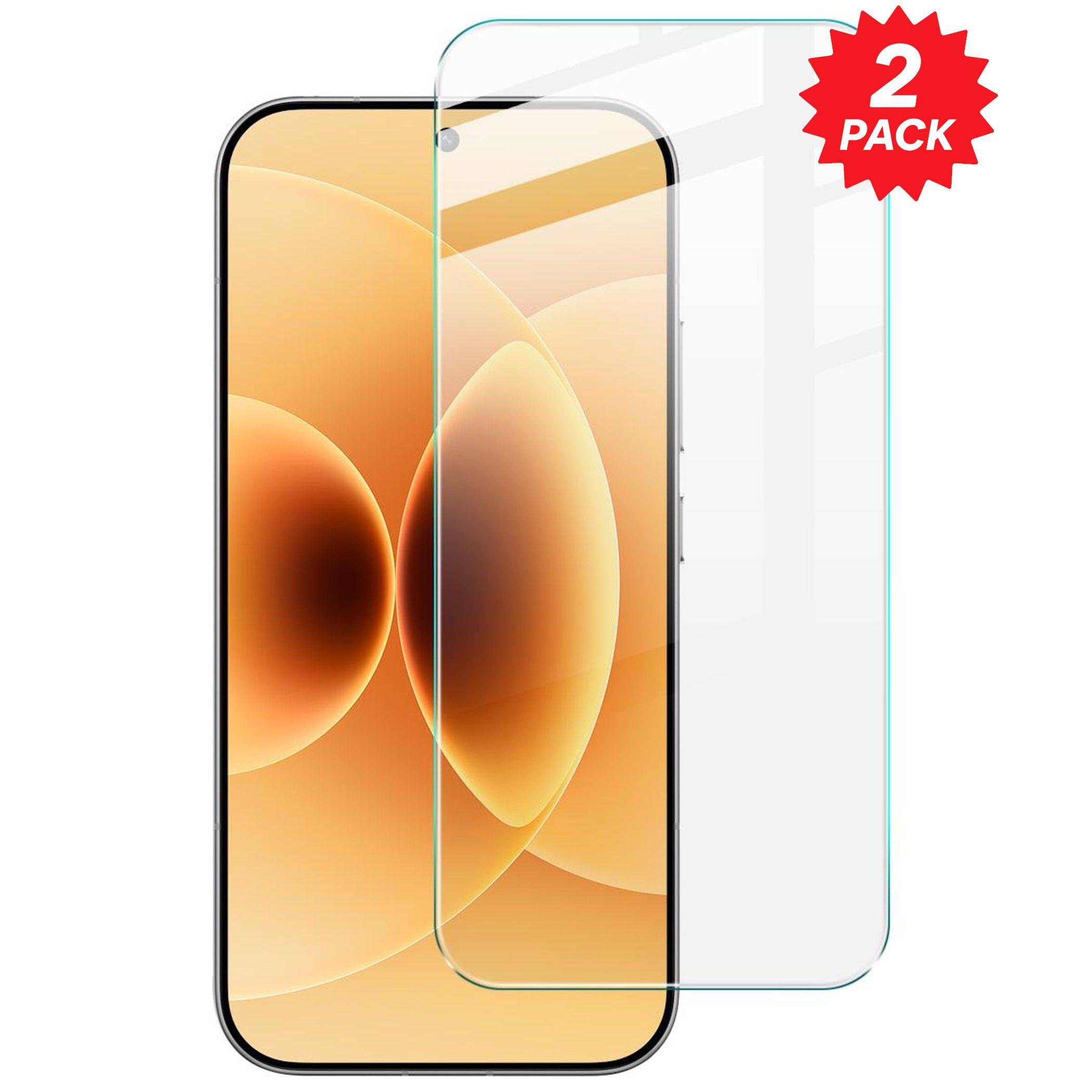 Zwei transparente Displayschutzfolien für ein Smartphone, die über einem Telefondisplay mit einem Label 