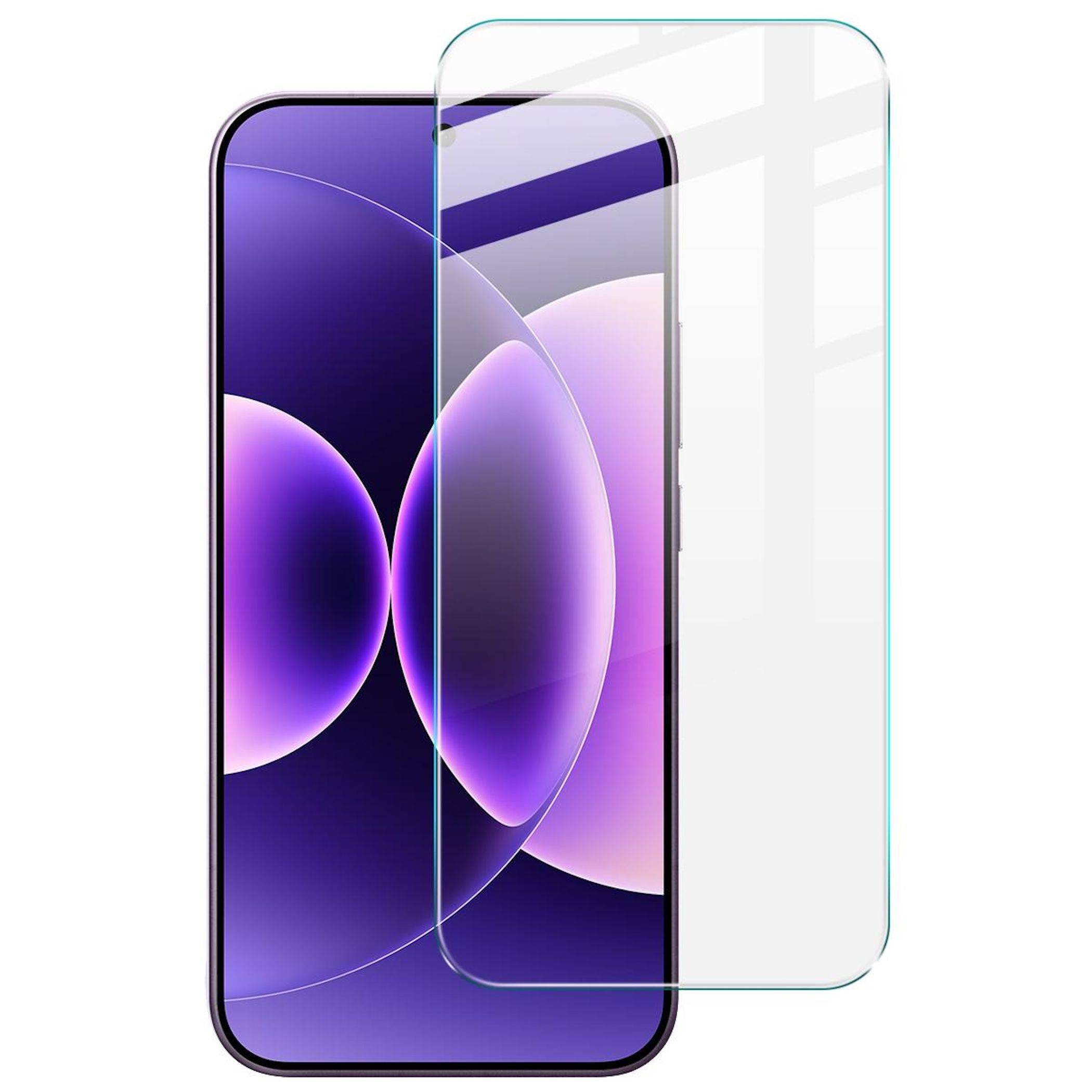 Smartphone-Vorderansicht mit einem violetten abstrakten Bildschirm und einer transparent ausgerichteten Schutzglasfolie davor.