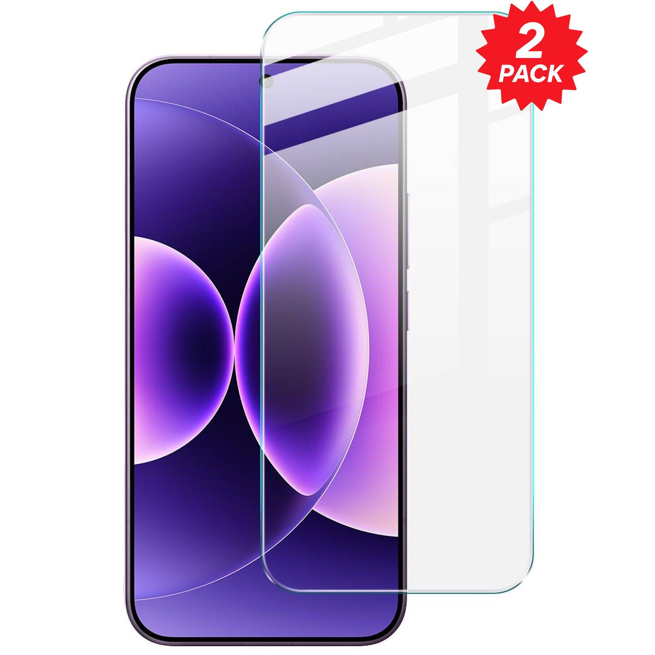 Zwei transparente Displayschutzfolien über einem Smartphone mit einem roten „2ER-PACK