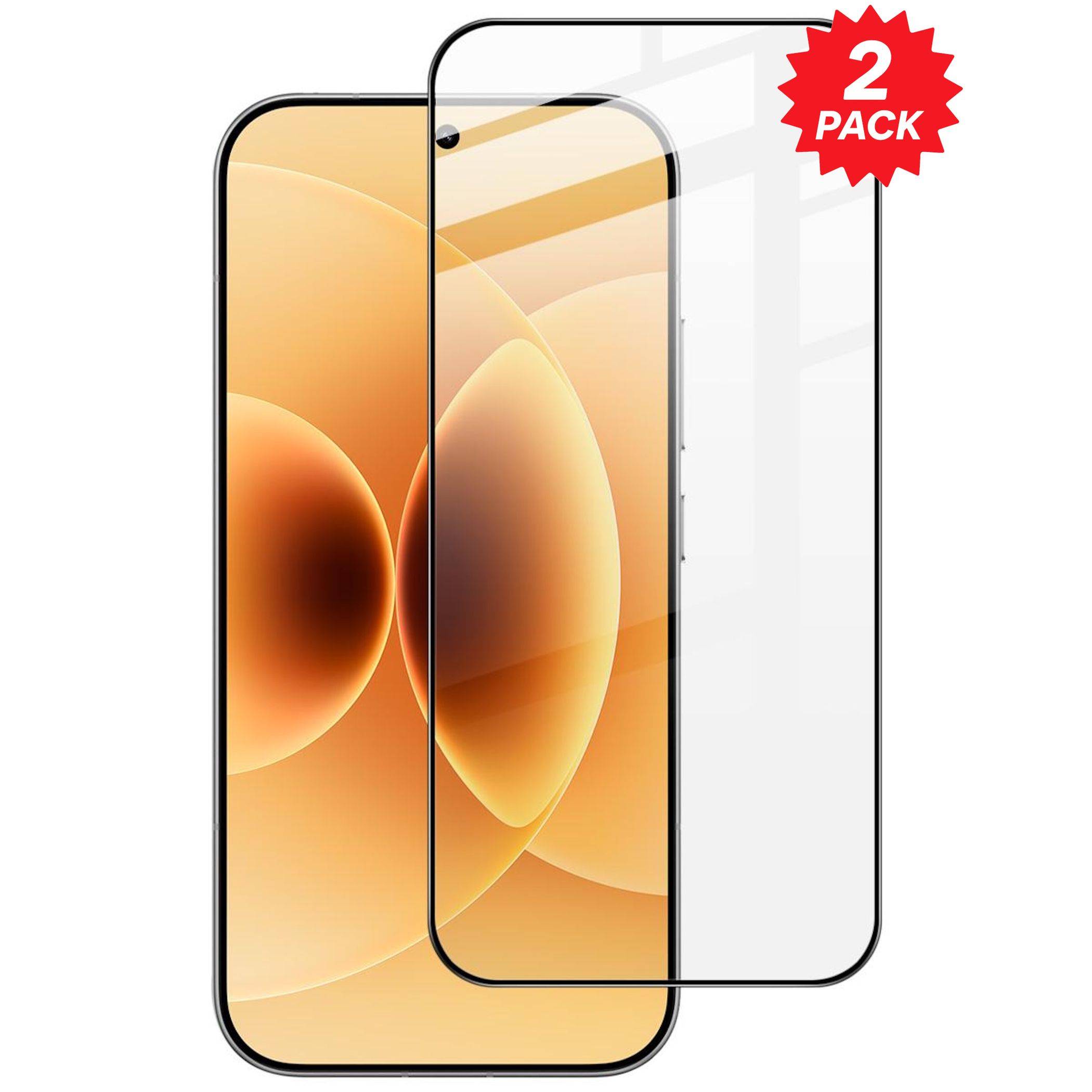 Zweierset aus transparenten Displayschutzfolien für ein Smartphone, gezeigt über einem Telefondisplay mit rotem „2ER-PACK