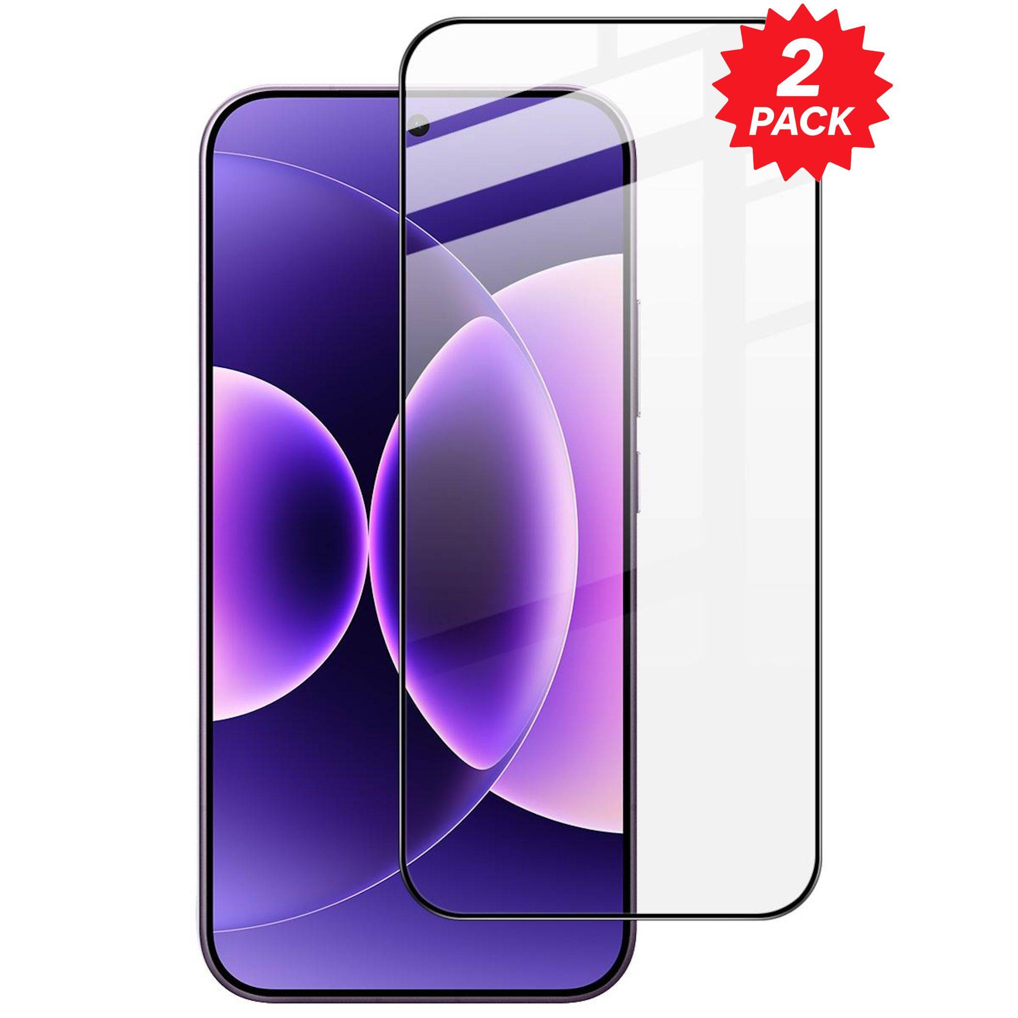 Zwei transparente Displayschutzfolien über einem Smartphone-Display, beschriftet mit „2er PACK