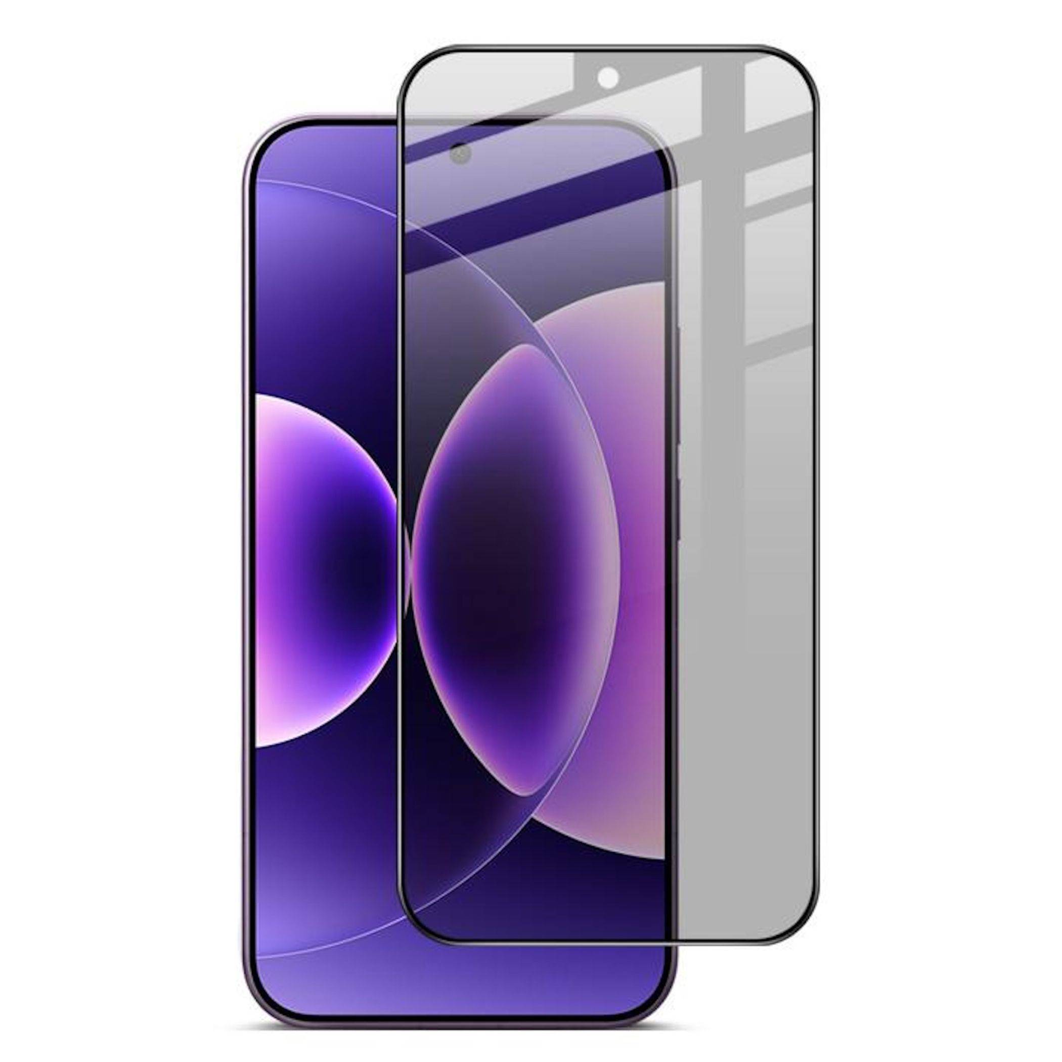 Zwei sich überlappende Smartphones, von vorne gezeigt, wobei eines eine violette abstrakte Hintergrundbild anzeigt und das andere eine transparente Schutzfolienüberlagerung.