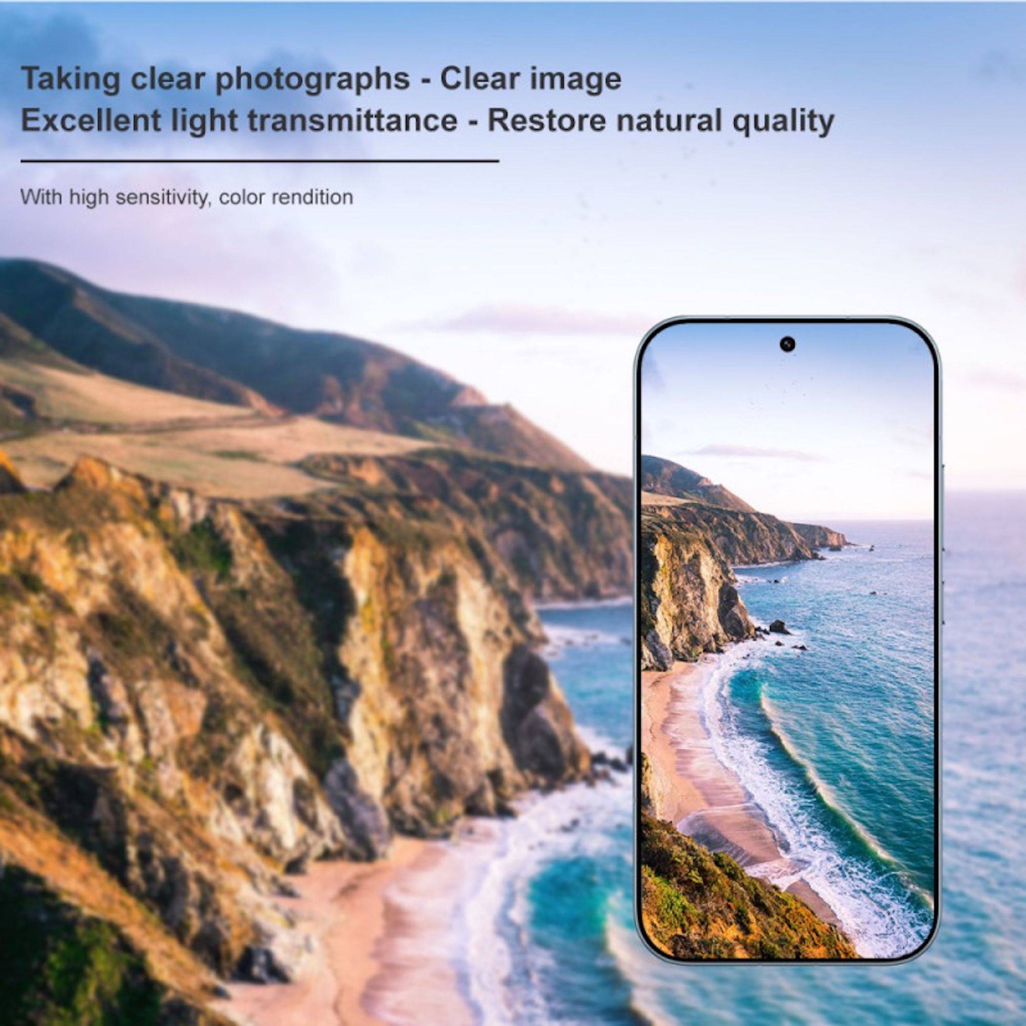 Smartphone-Kamera-Werbung mit einer Küstenklippenszene und Strandlandschaft; der Text lautet „Klare Fotografien aufnehmen – Klares Bild