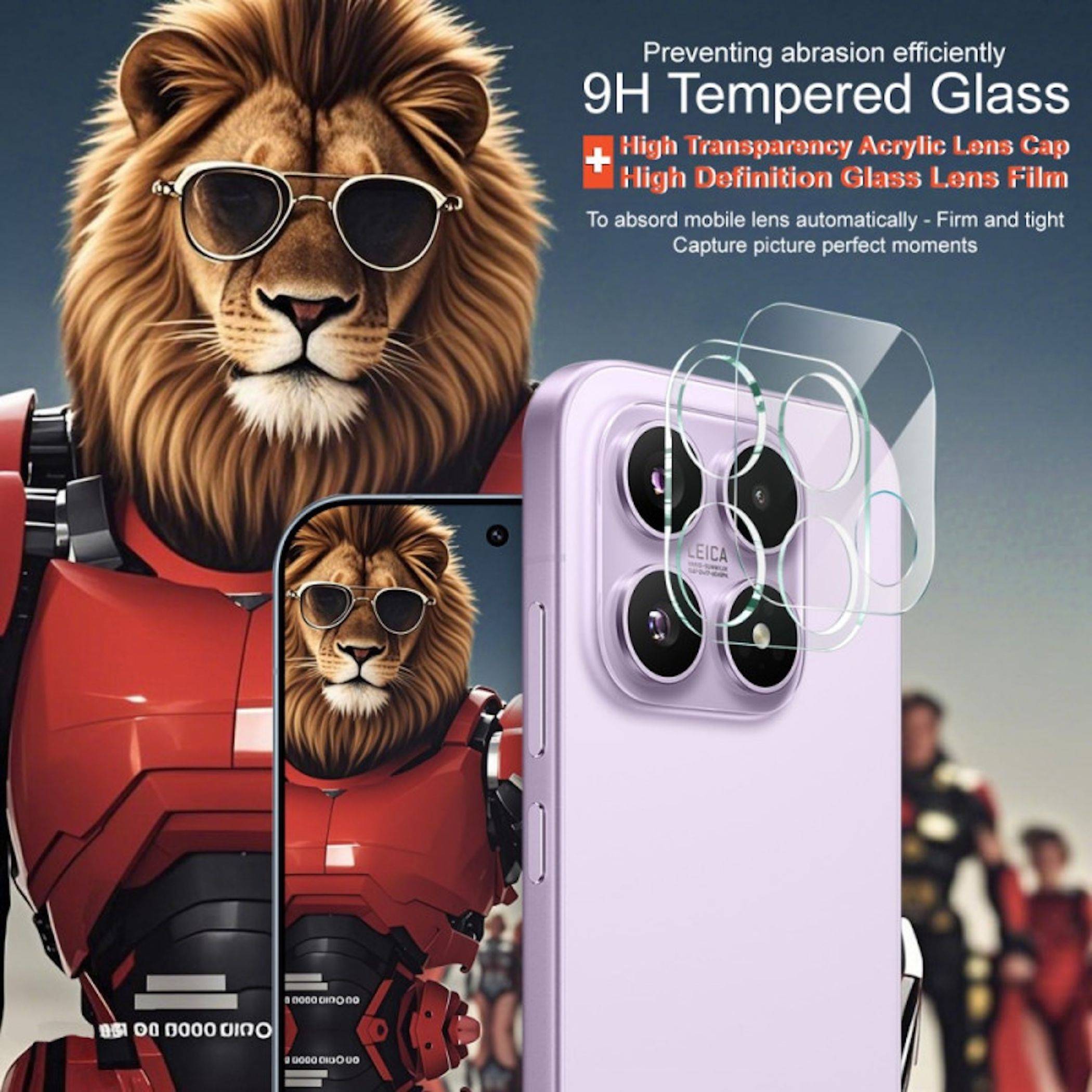 Eine Anzeige zeigt einen Löwen mit Sonnenbrille neben einem Telefon und hebt den Schutz der Handykamera mit '9H Hartglas' für eine Handykamerakappe hervor.