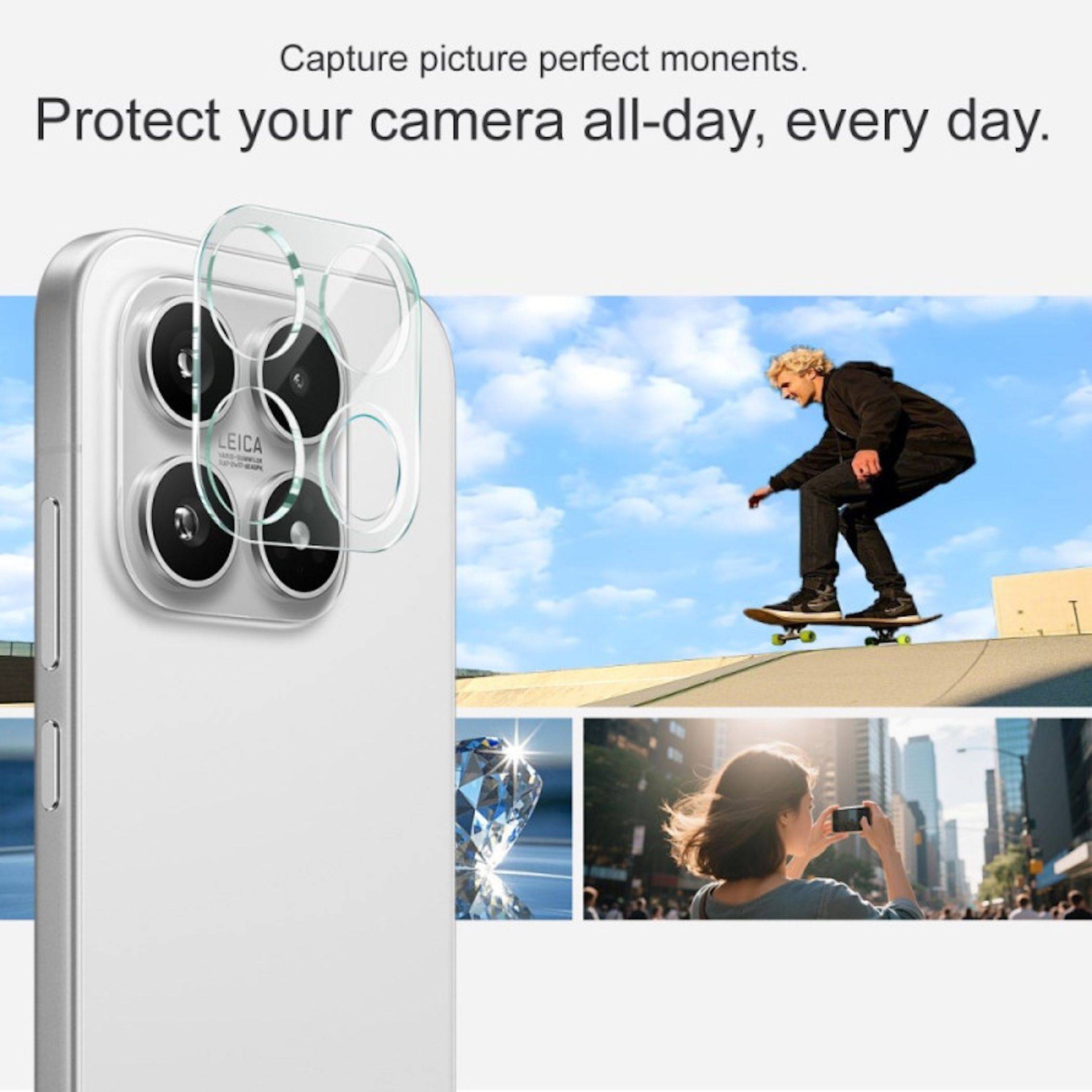 Werbebild eines transparenten Handykamera-Objektivschutzes auf einem silbernen Smartphone, mit dem Text „Schützen Sie Ihre Kamera den ganzen Tag, jeden Tag.