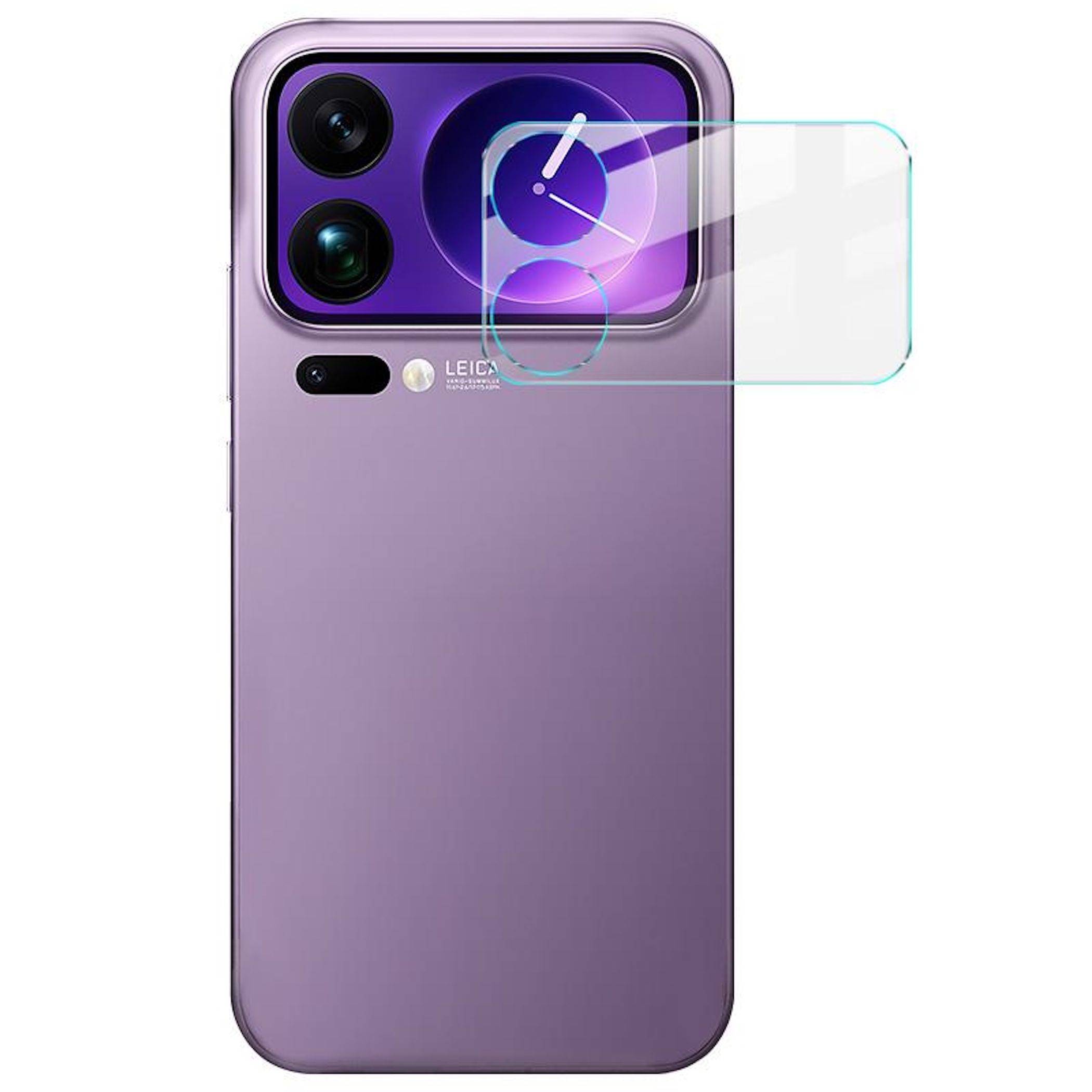 Violettes Smartphone-Rückseite mit dualen Rückkameras und Blitz, dargestellt mit einer transparenten Schutzfolien-Überlagerung, die über dem Kamerabereich ausgerichtet ist.
