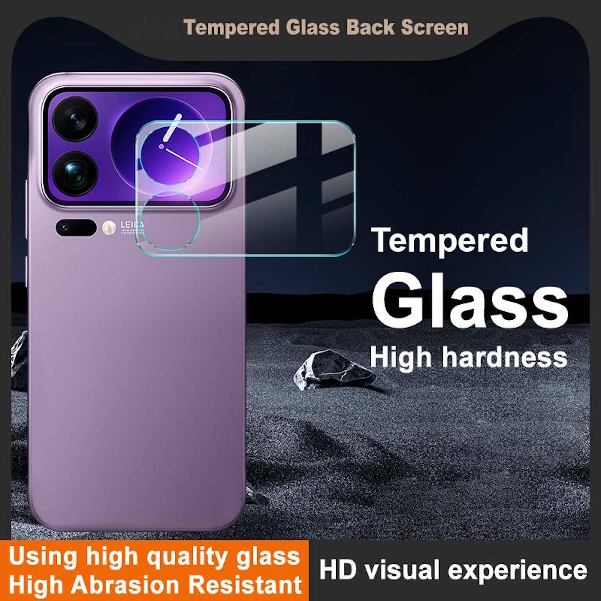 Anzeige für einen Schutzfilm aus gehärtetem Glas für die Rückseite eines Smartphones, das ein lila Telefon mit der Glasabdeckung und Text zeigt: 'Gehärtetes Glas', 'Hohe Härte', 'Hohe Verschleißfestigkeit' und 'HD-Seherlebnis'.