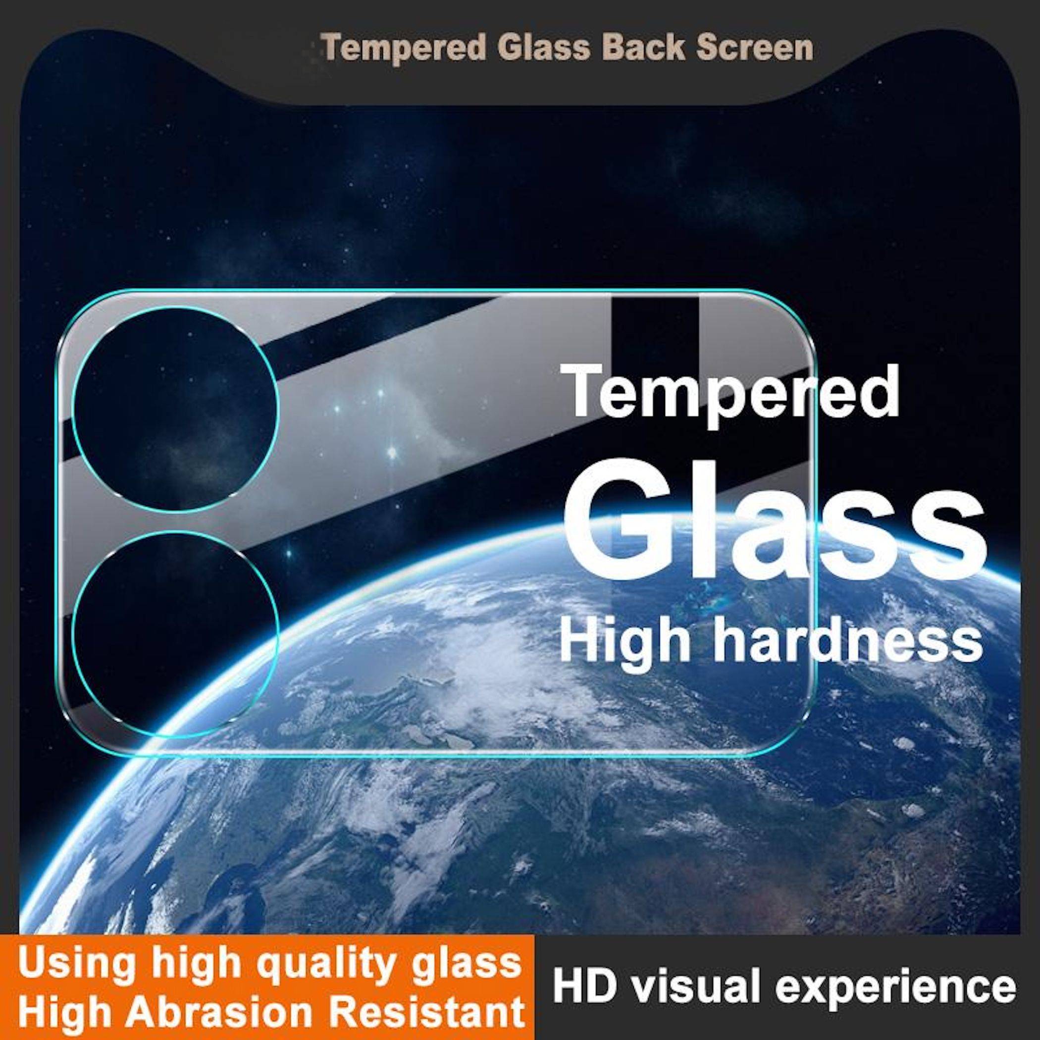 Bewerbungsgrafik eines gehärteten Glaskamera-Schutzschirms für die Rückseite, die die Rückseite eines Telefons mit dualen Kameraaussparungen zeigt und Text enthält: 'Gehärtetes Glas', 'Hohe Härte', 'Aus hochwertigem Glas', 'Hochabriebfest', 'HD-Visuelles Erlebnis'.