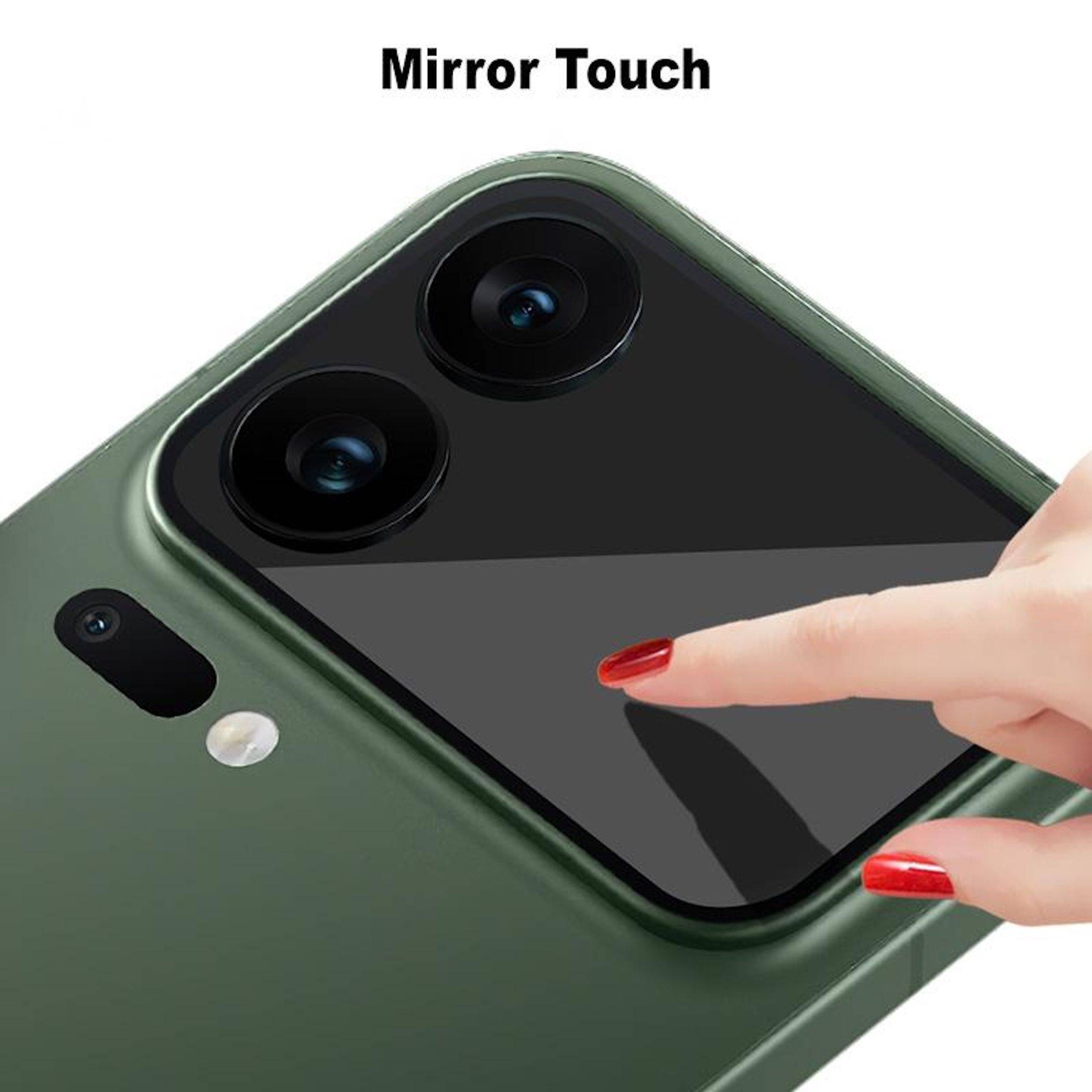 Nahaufnahme eines grünen Smartphones mit einem reflektierenden 