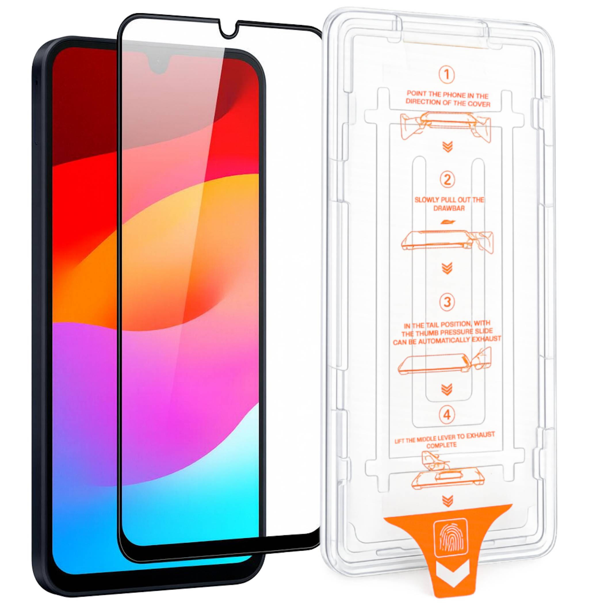 Zwei Smartphone-Displayschutzfolien, Vorder- und Rückseite gezeigt, mit einem transparenten Installationsbehälter auf der rechten Seite, der Schritt-für-Schritt-Ausrichtungsanweisungen anzeigt.