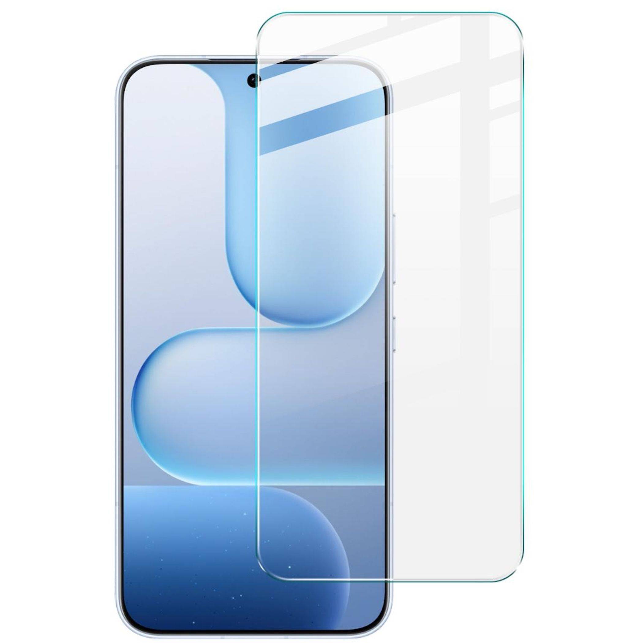 Smartphone mit einer durchsichtigen Displayschutzfolie, die über dem Display angebracht ist und ein blaues abstraktes Hintergrundbild zeigt.