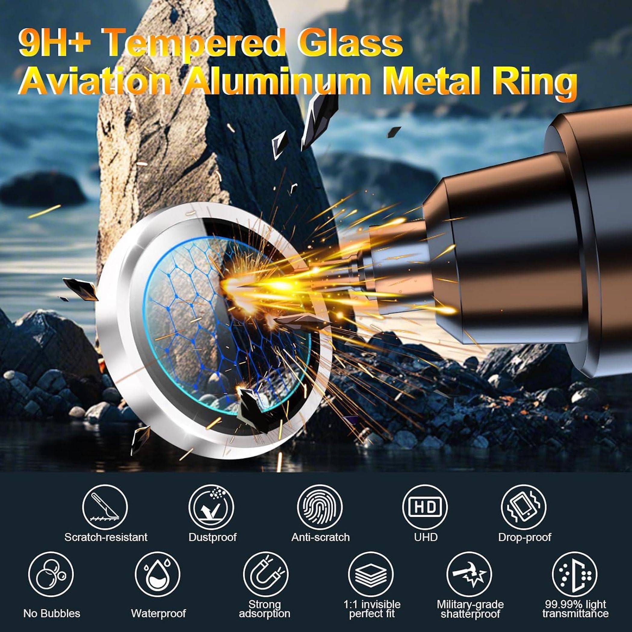 Werbebild eines Displayschutzes für Telefone, der von einem Bohrer getroffen wird, mit der Aufschrift „9H+ Gehärtetes Glas Luftfahrt-Aluminium Metallring