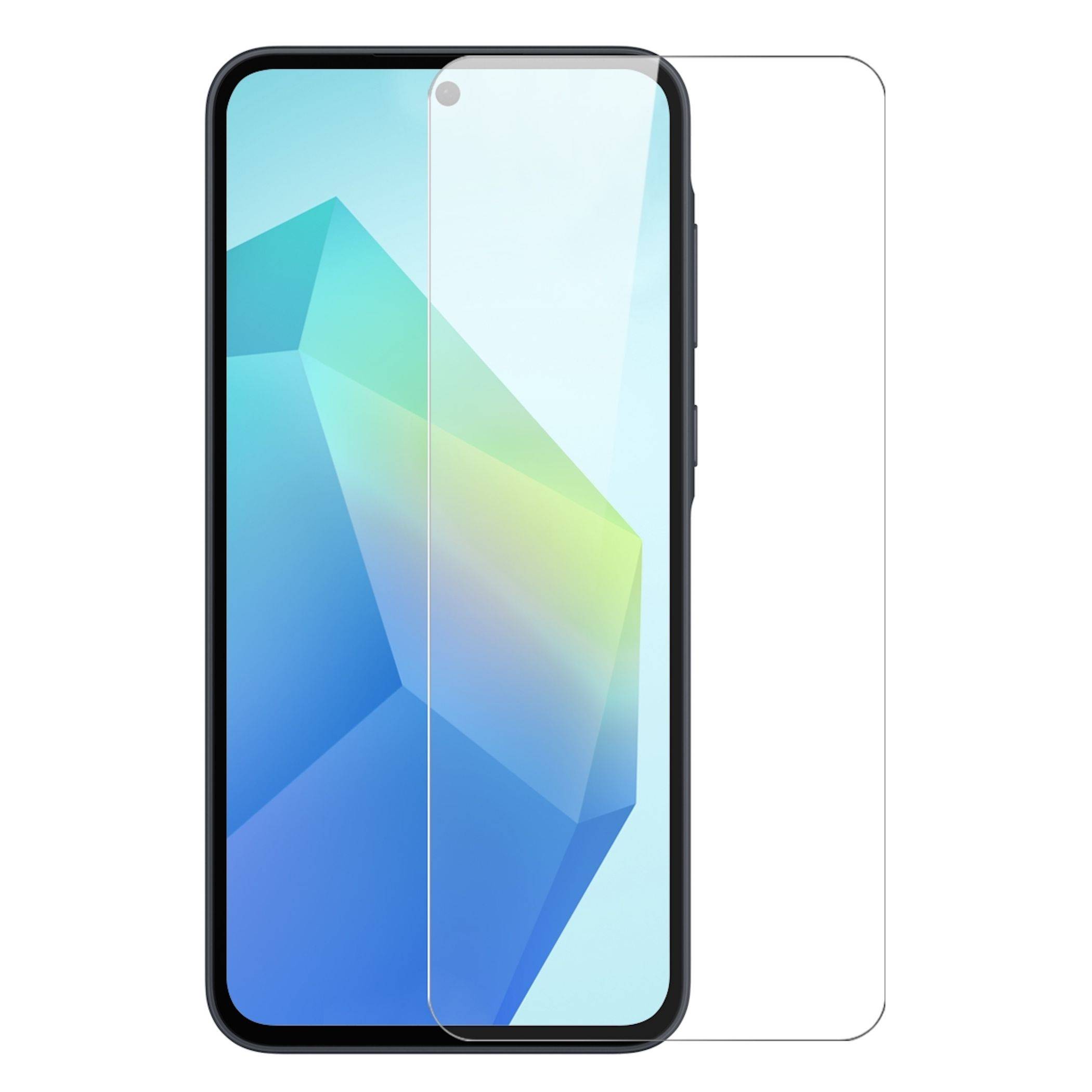 Vorderansicht eines Smartphones mit einer durchsichtigen Schutzfolien-Auflage daneben auf weißem Hintergrund.