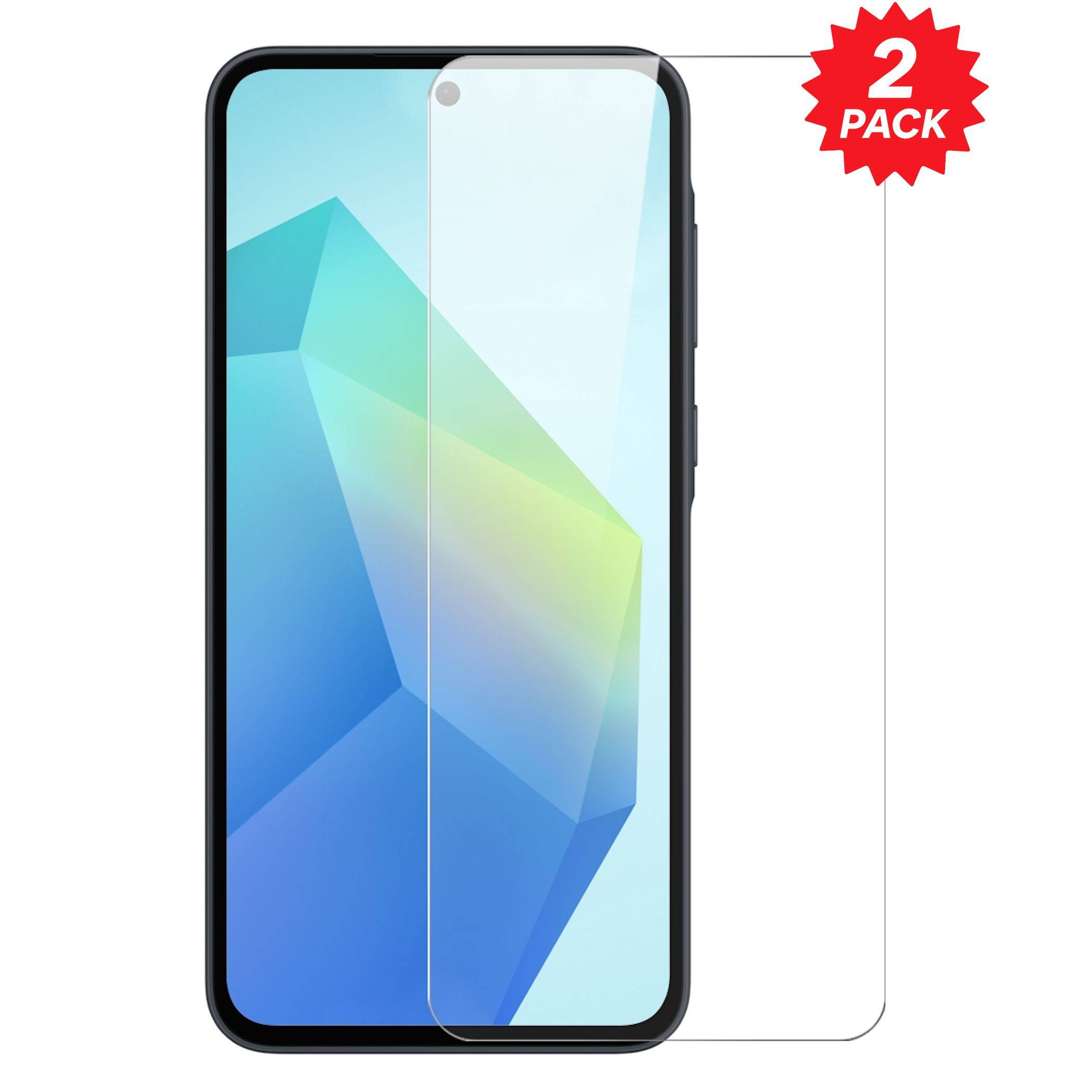 Smartphone-Displayschutz mit einer 2er-Pack-Kennzeichnung, gezeigt als Auflage auf einem Telefondisplay auf weißem Hintergrund.