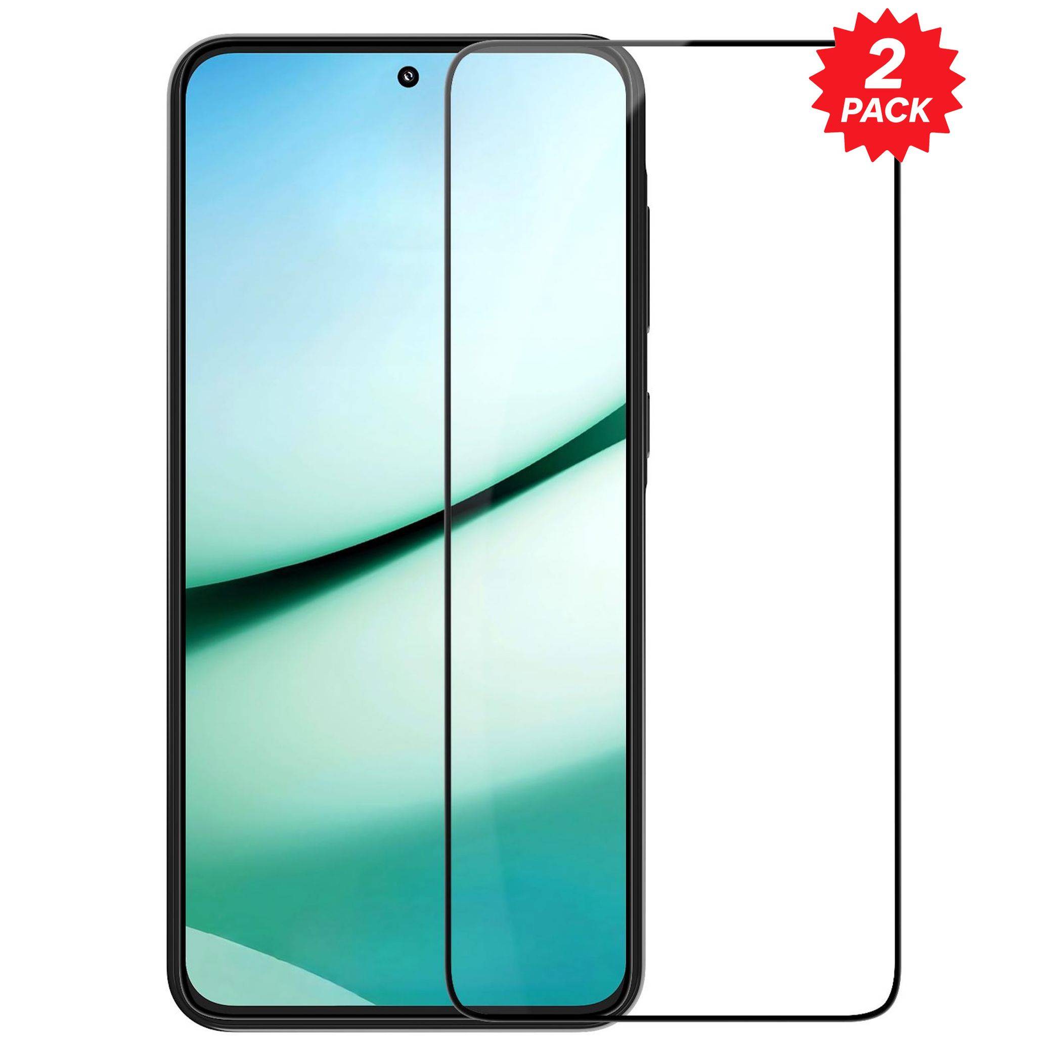 Zwei-Pack Smartphone-Displayschutzfolien, gezeigt auf einem Phone-Mockup, mit einer installierten Schutzfolie und einer weiteren umrissen daneben.