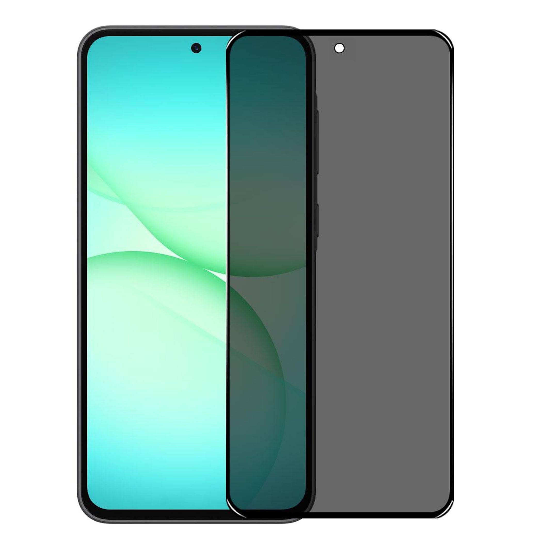 Zwei Smartphones von vorne und hinten gezeigt, mit dem vorderen Display in Blaugrün beleuchtet und der Rückseite in Grau.