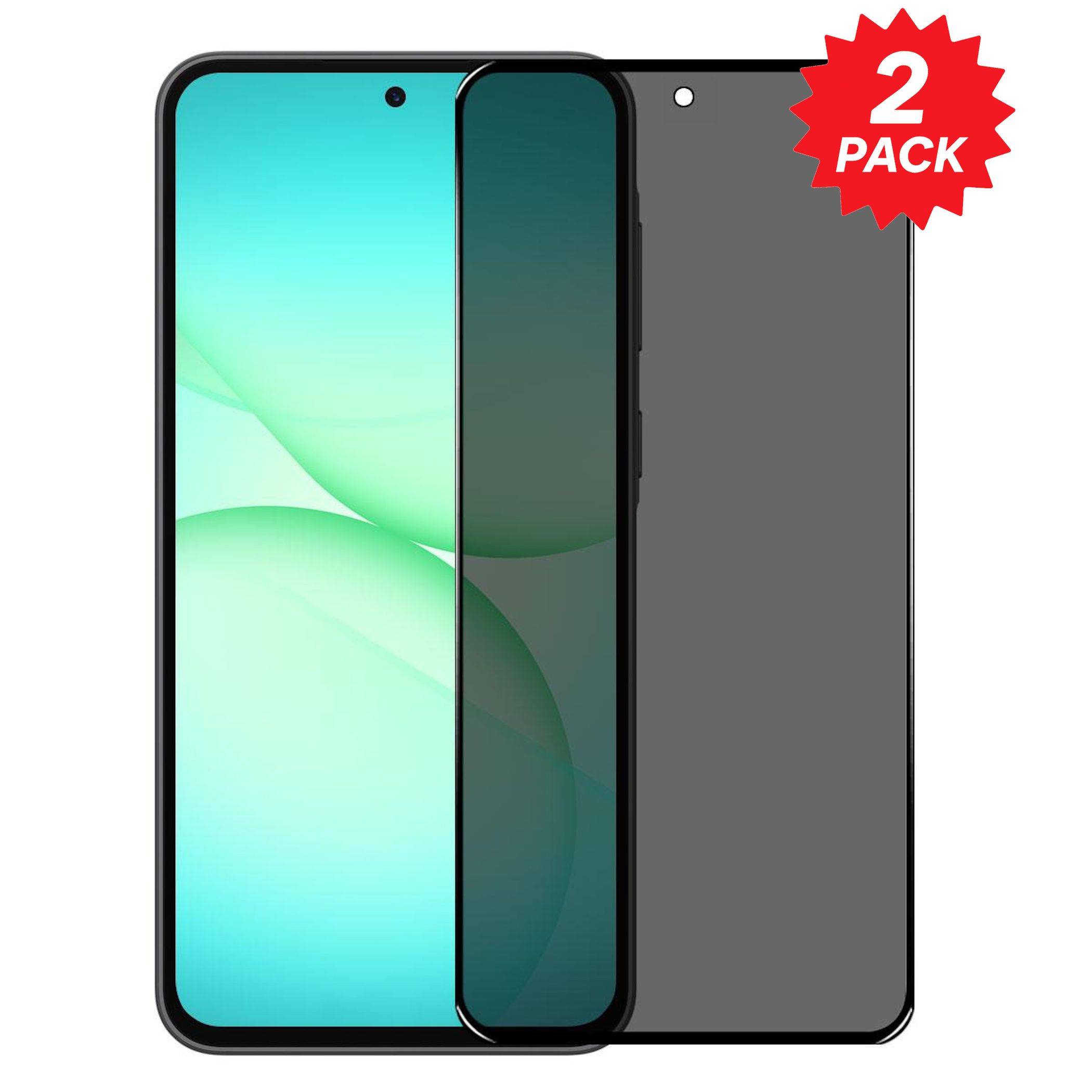 Zwei Smartphone-Displayschutzfolien nebeneinander angezeigt, eine klar und eine dunkel getönt, mit einem roten 