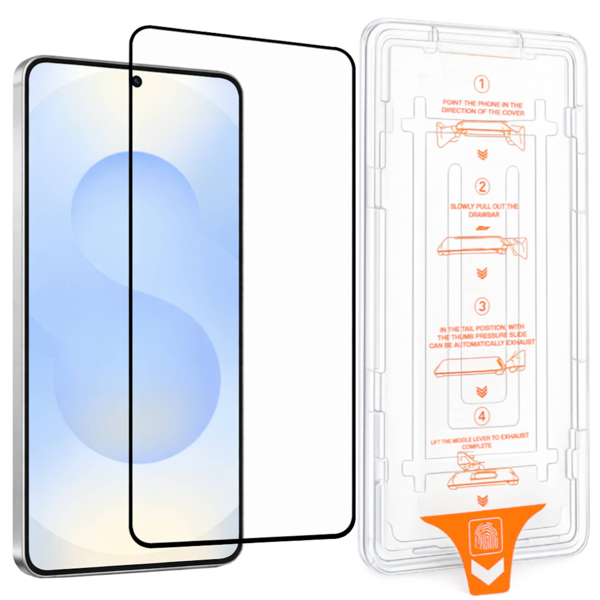 Schutzfolien-Set mit einem Telefon, zwei schwarzgerahmten Glasschutzfolien und einem Ausrichtungs-Tablett mit Schritt-für-Schritt-Installationsanweisungen.