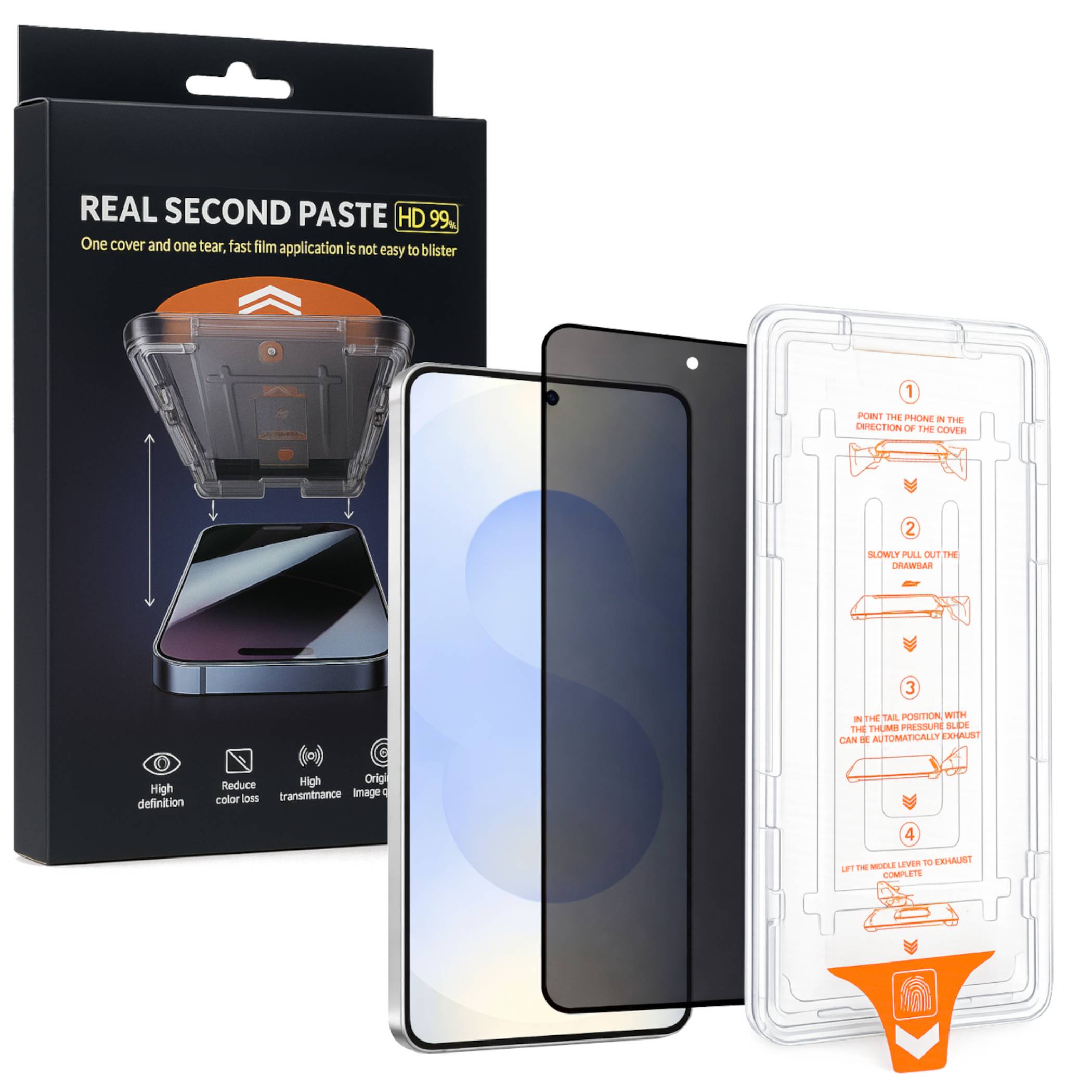 Displayschutzfolien-Set mit einem Telefon, dunklem Datenschutzbildschirm, Verpackung und Installationswanne mit schrittweiser Ausrichtungsanleitung.