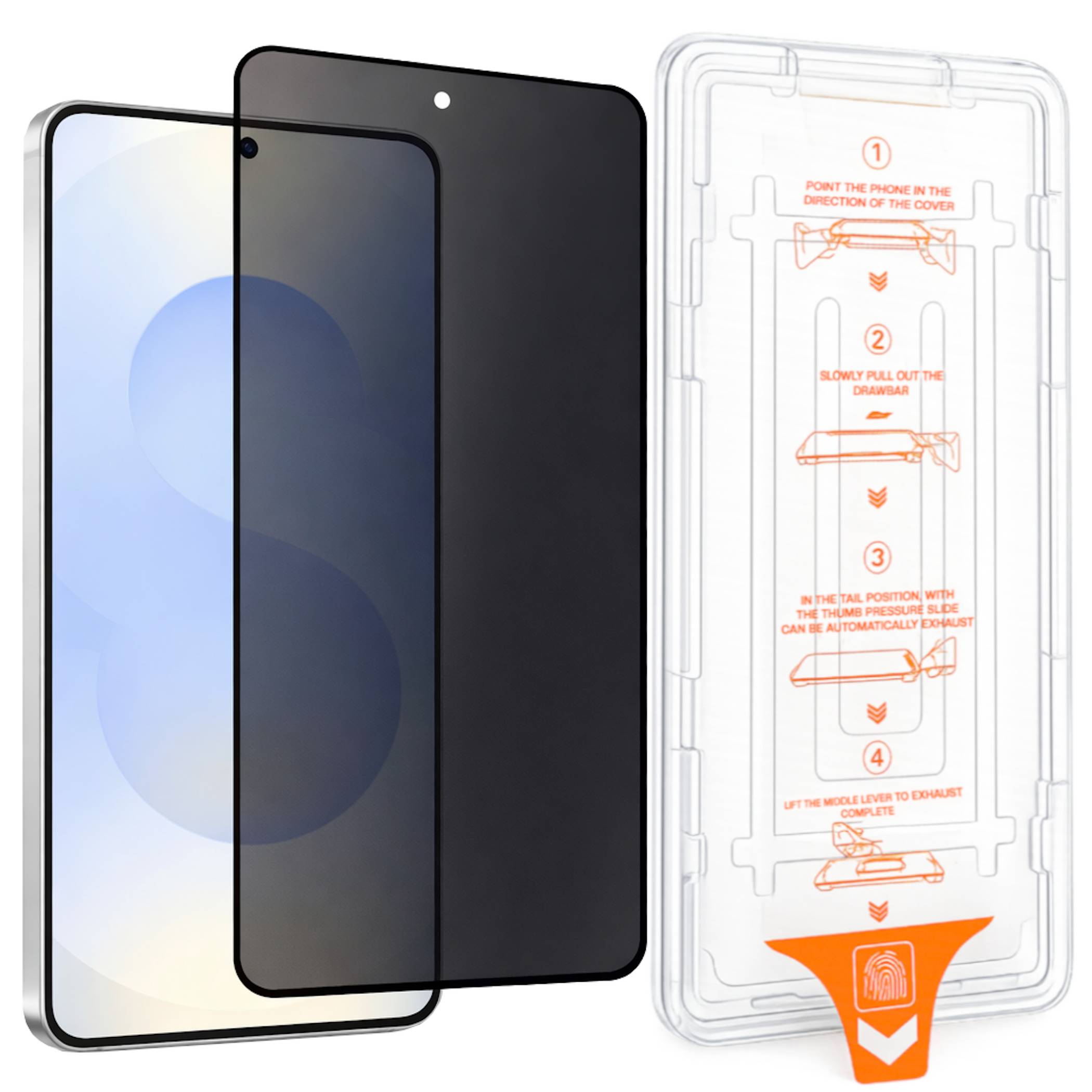 Displayschutzfolien-Set für Telefone mit zwei schwarzen Datenschutzglasfolien und einem Installationsausrichtungs-Tablett mit Schritt-für-Schritt-Anleitung