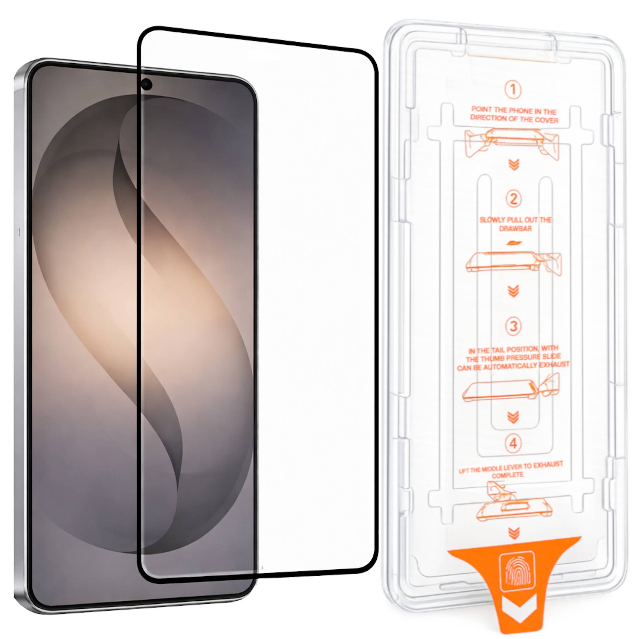 Schutzfolien-Set, das ein Telefon, eine schwarzumrandete Schutzfolie, die über dem Bildschirm ausgerichtet ist, und ein Installationsfach mit Schritt-für-Schritt-Anweisungen und einer Zuglasche zeigt.