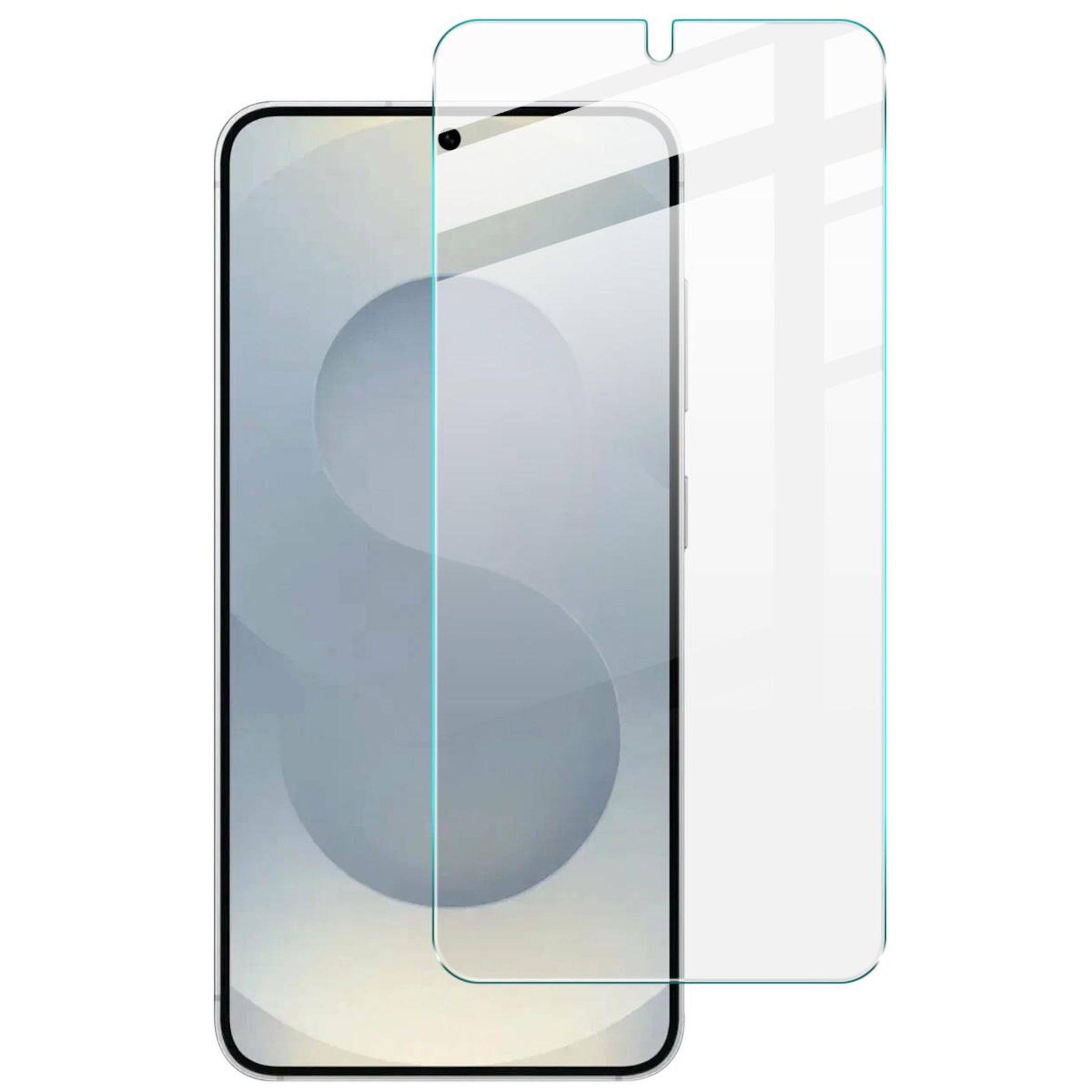 Smartphone-Vorderansicht mit einer transparenten Schutzfolien-Auflage, die über dem Display ausgerichtet ist.