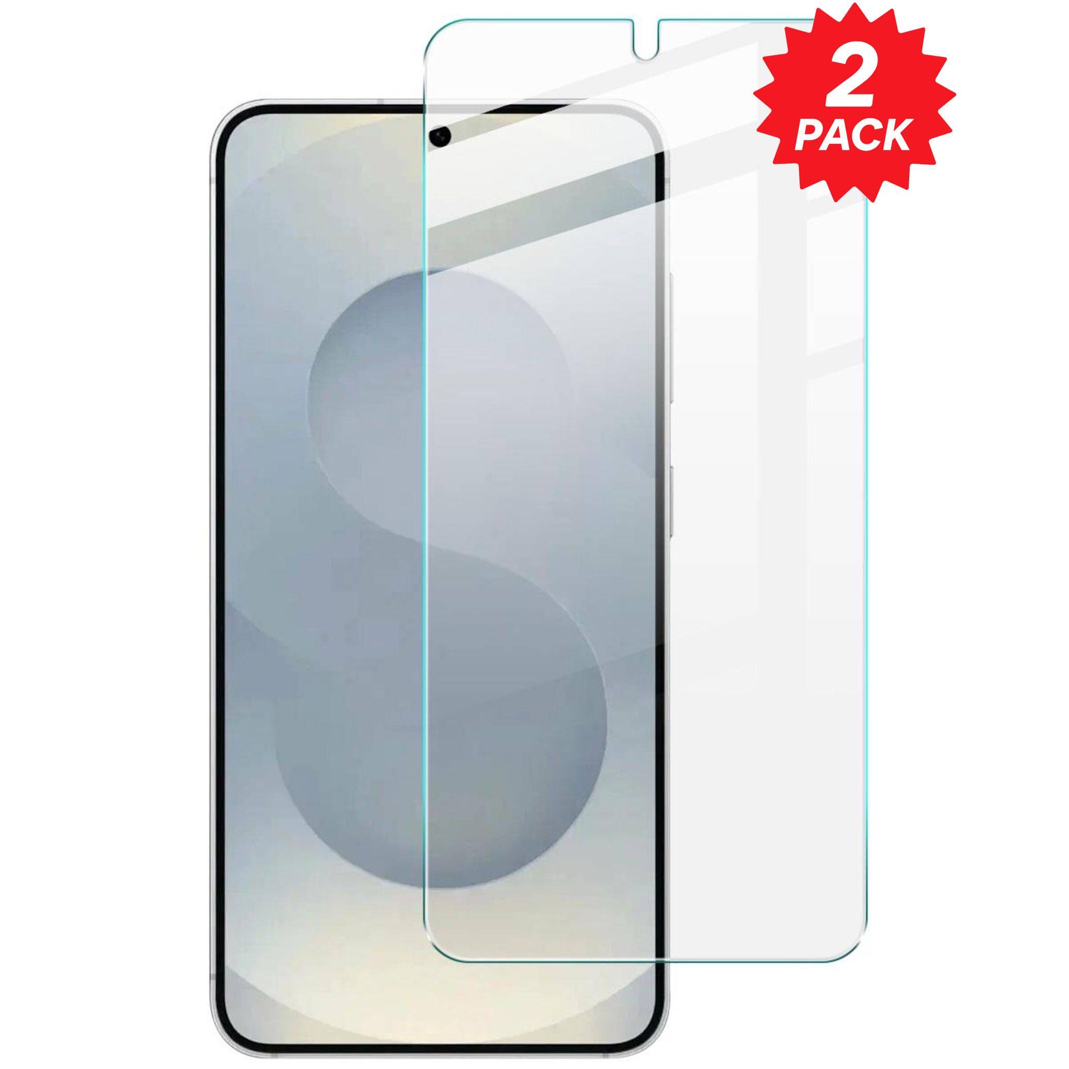 Zwei-er-Pack durchsichtige Displayschutzfolien für ein Smartphone, dargestellt über dem Telefondisplay, mit einem roten „2er-PACK