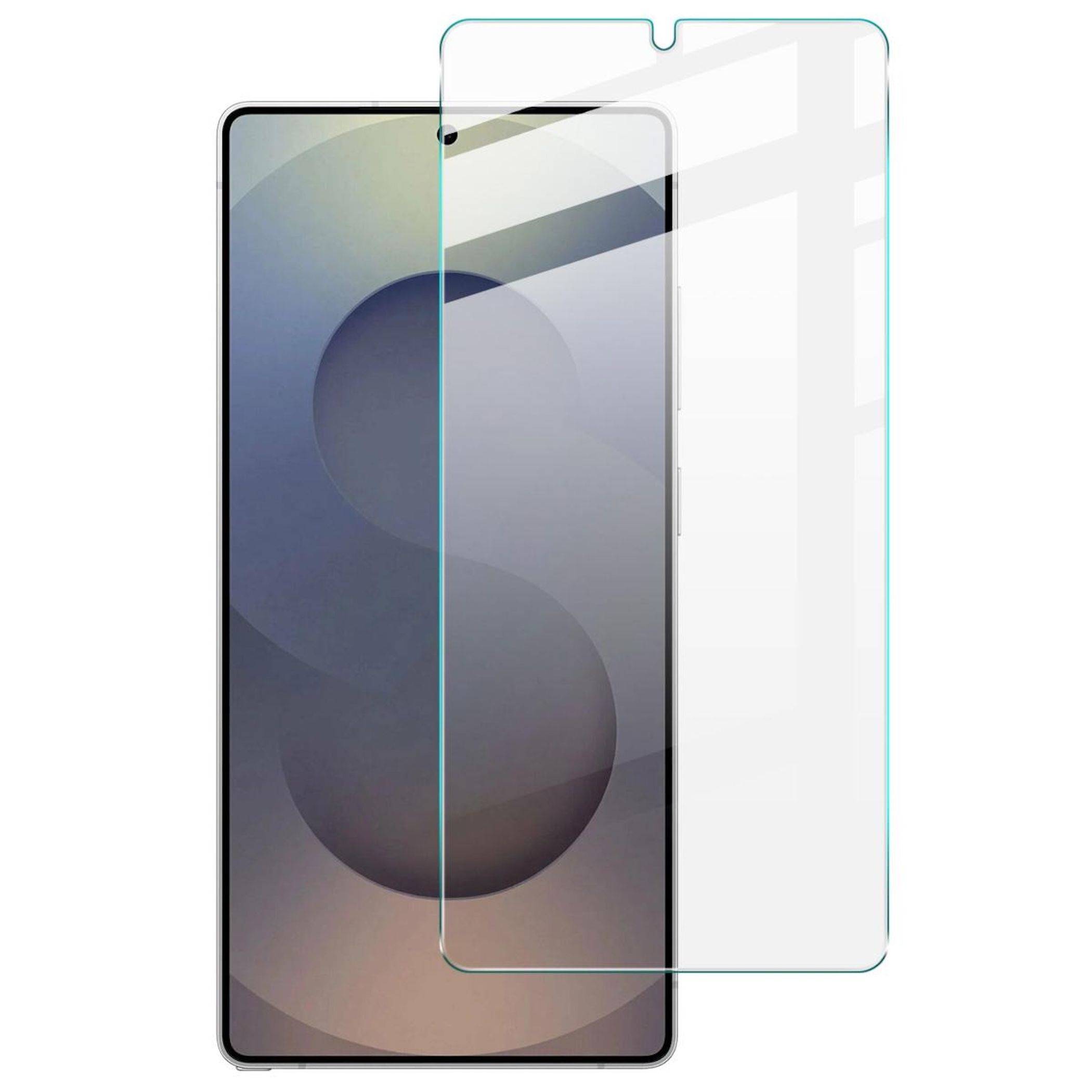 Smartphone-Vorderseite mit einem klaren Displayschutz, der über dem Display angebracht ist und einen Kameraausschnitt oben zeigt.