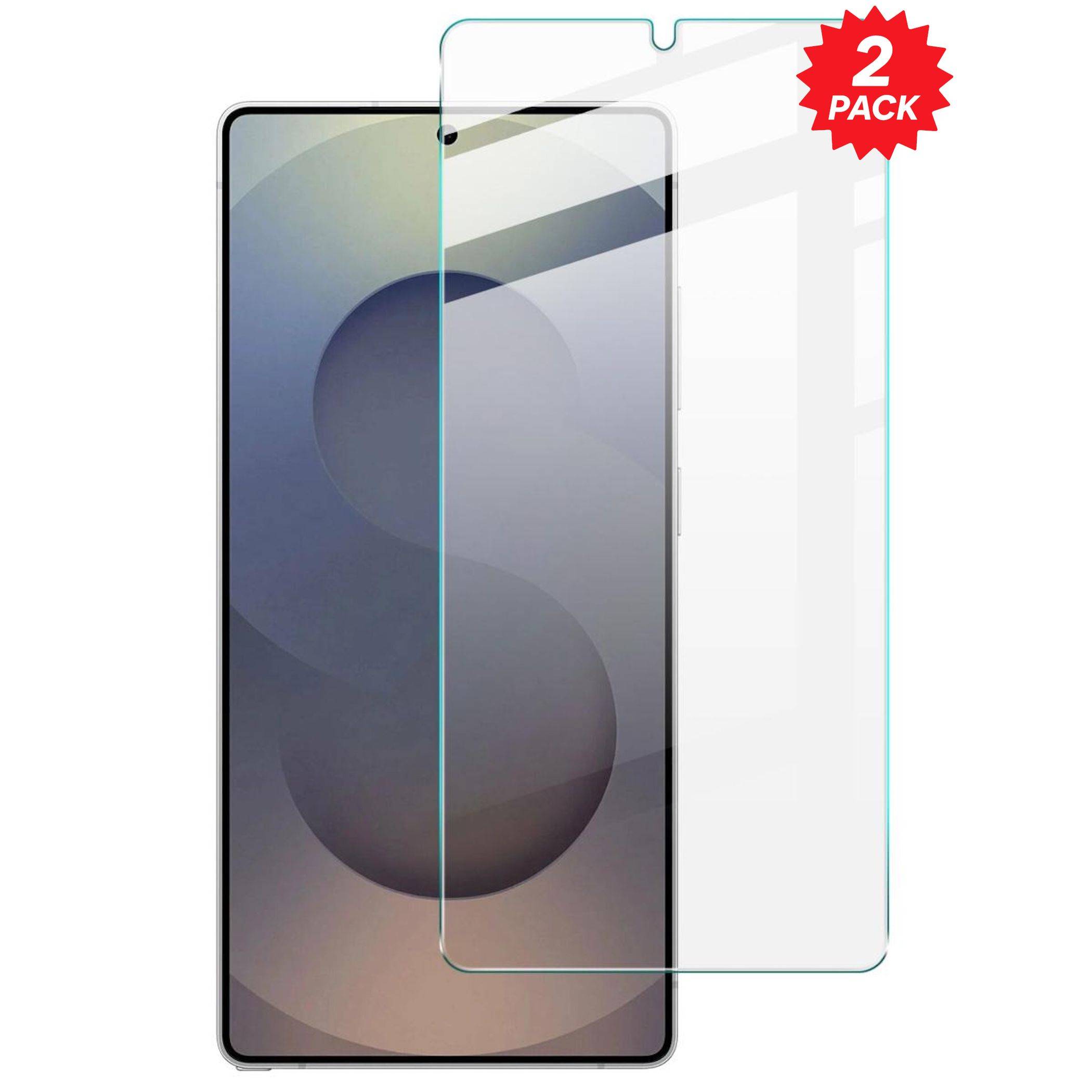 Zwei transparente Displayschutzfolien über einem Smartphone, gekennzeichnet mit „2er PACK