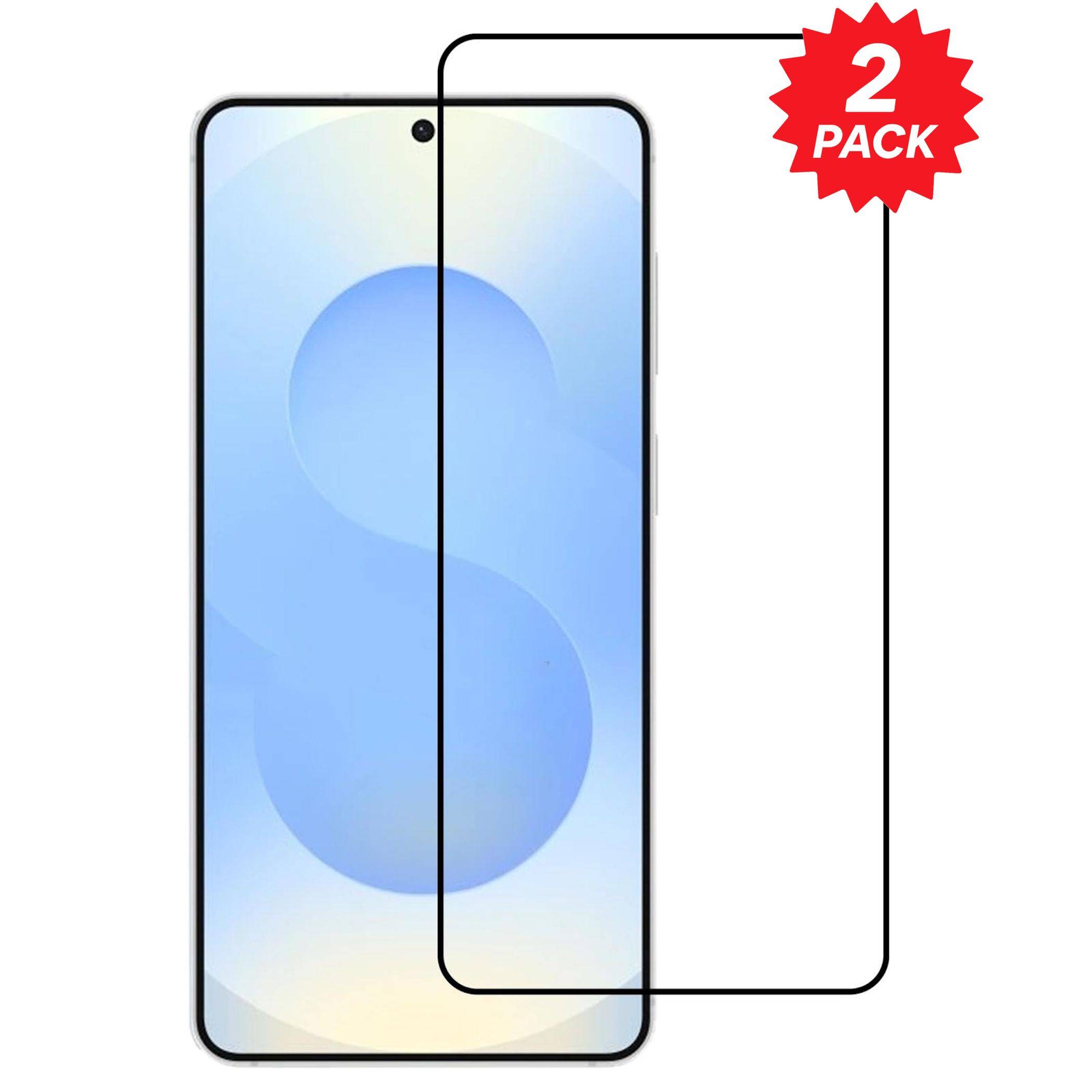 Zwei-er Pack klare Displayschutzfolien für ein Smartphone, gezeigt auf einem Telefondisplay mit zentriertem Lochkamera-Ausschnitt.
