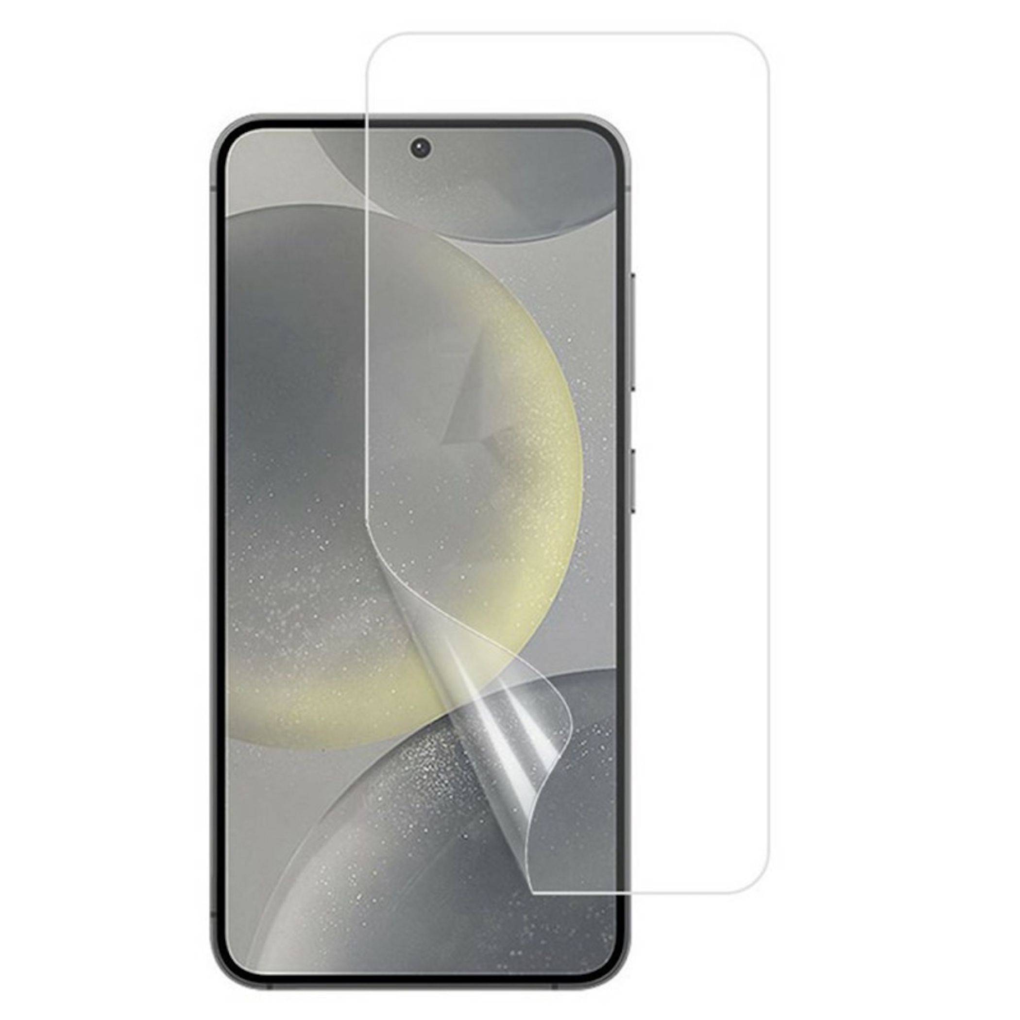 Smartphone mit einer transparenten Displayschutzfolie, die teilweise zurückgezogen ist und das Telefondisplay darunter zeigt.