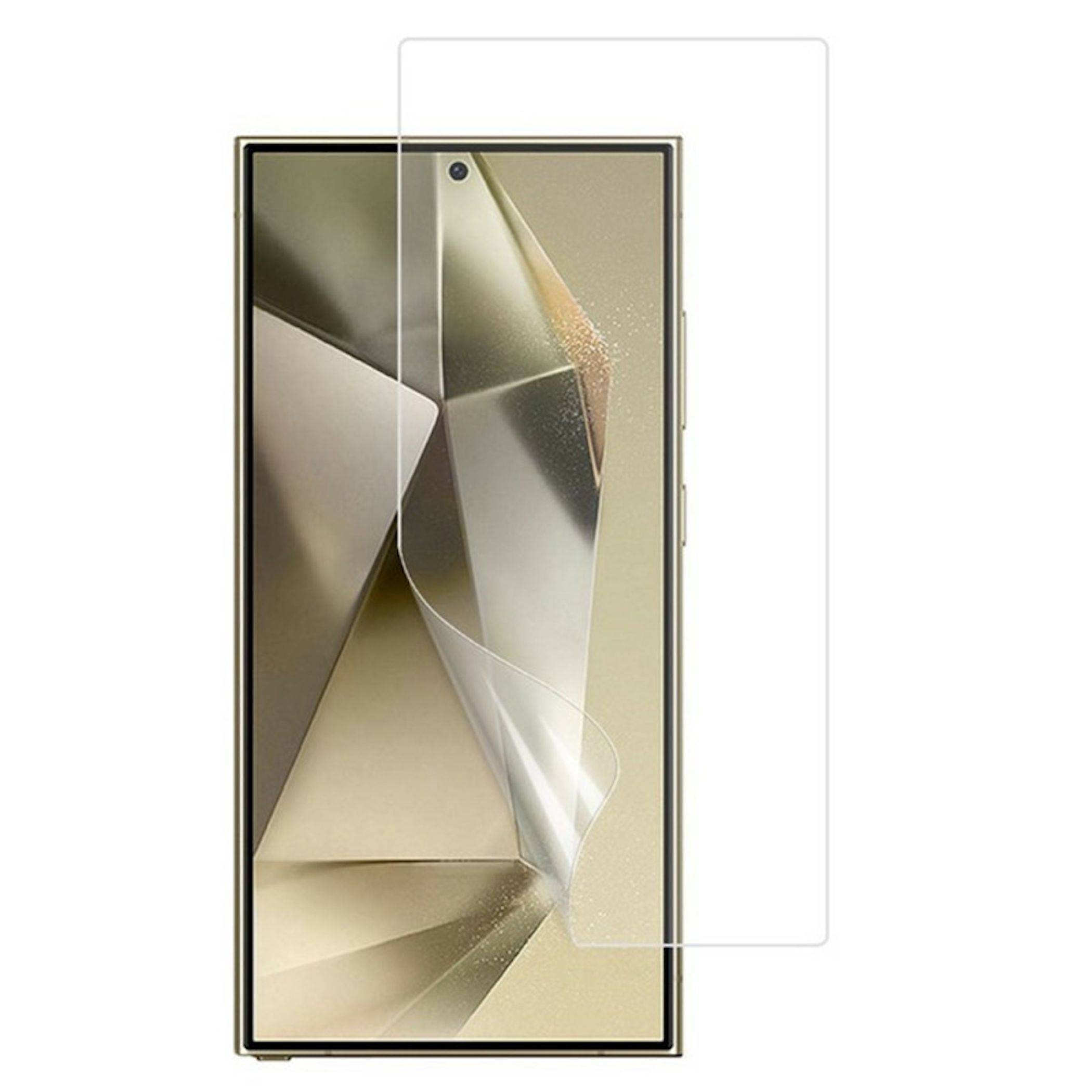 Smartphone mit einer transparenten Displayschutzfolie über einem goldenen Telefon, das die Front- und Seitenansicht des Geräts zeigt.